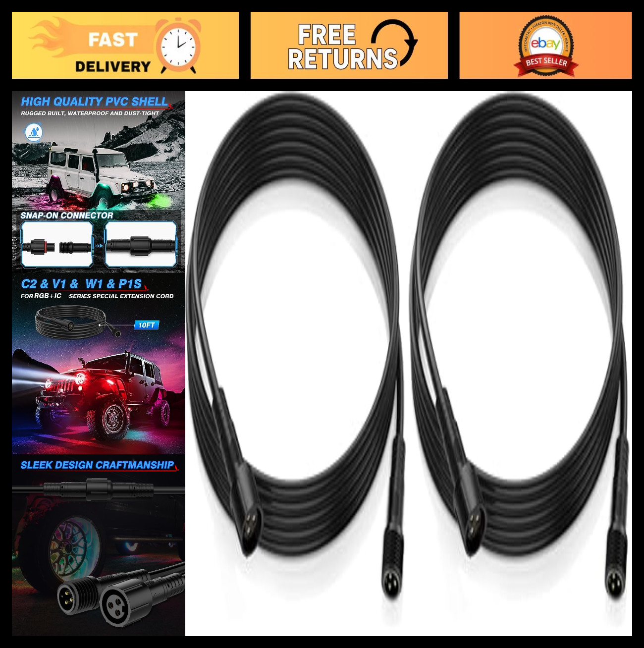 6.56FT 3Pin RGB Extension Cable for V1 W1 C2 Lights & P1s Switch Panel - 2 Pack