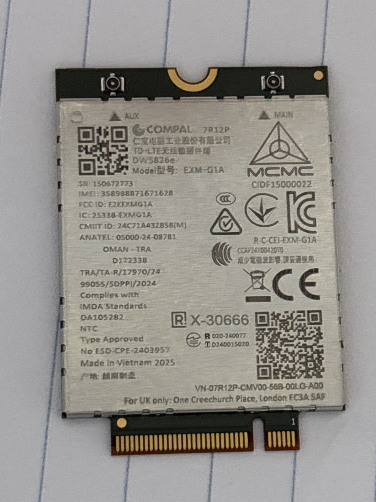 Dell Wireless DW5826e eSIM M.2 Mobile Broadband LTE 4G WWAN Card - 7R12P