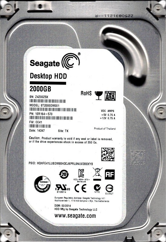 ST2000DM001 P/N: 1ER164-570 F/W: CC41 TK Z4Z Seagate Desktop HDD 2TB