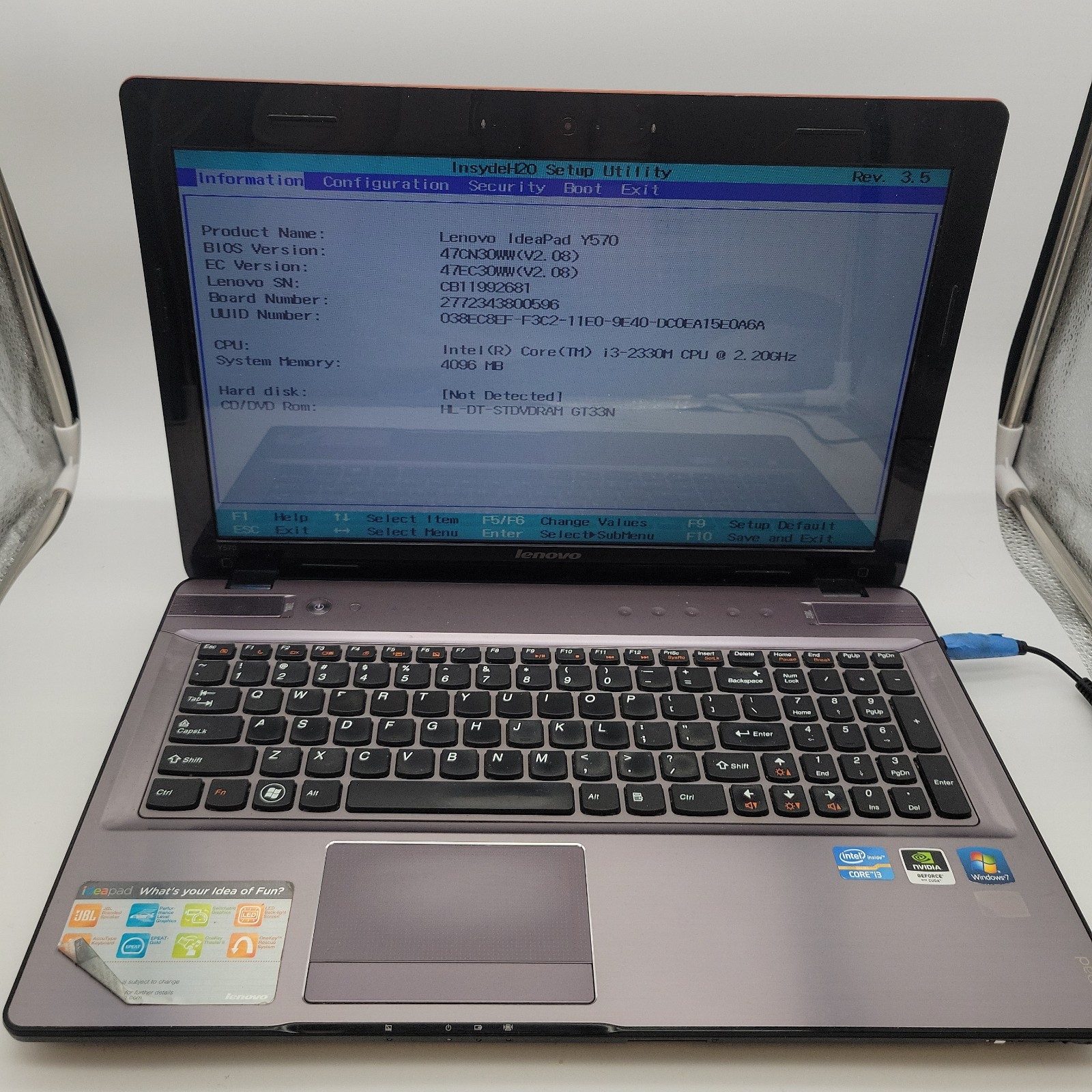 LENOVO IDEAPAD Y570 - BOOTS TO BIOS - INTEL I3 2330M - 4GB RAM No SSD/HDD L204