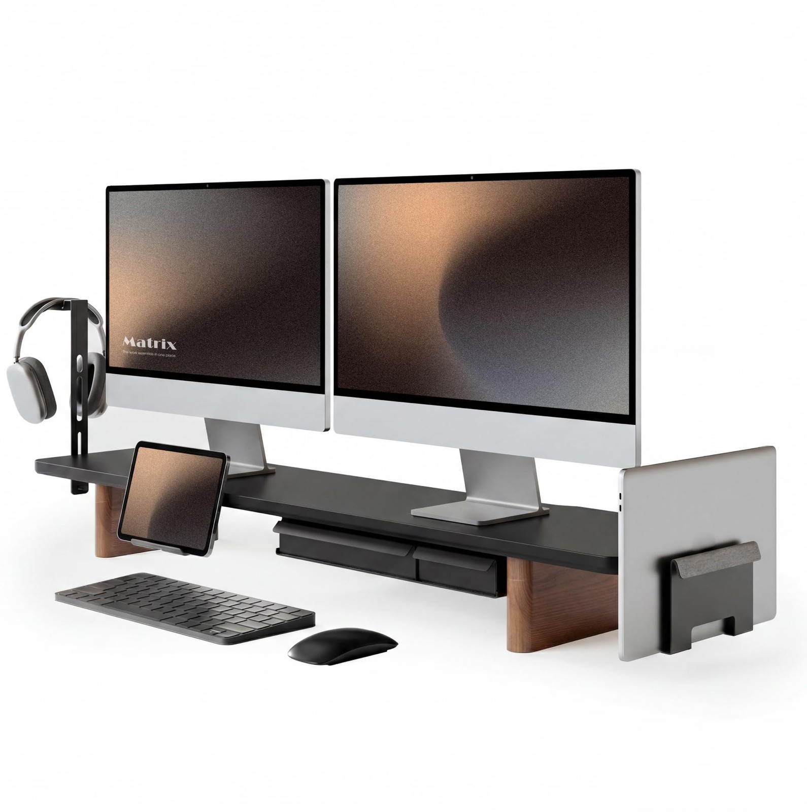 Fenge Modular Dual Monitor Stand Riser with Solid Ash Wood Leg, 42.5" Black