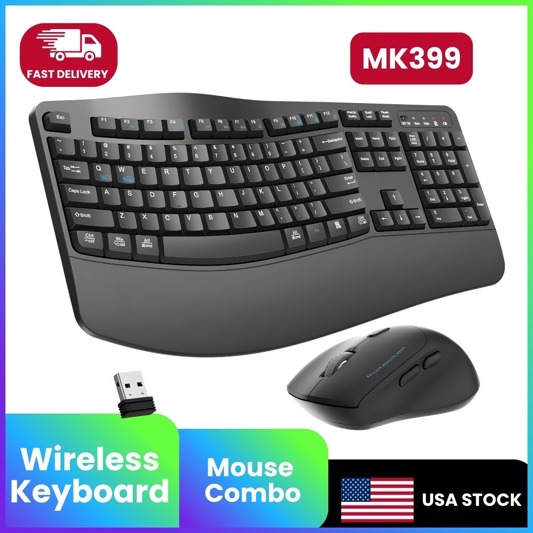 Wireless Keyboard and Mouse Combo, Full Size Wave Keys Ergonomic Keyboard NEW*