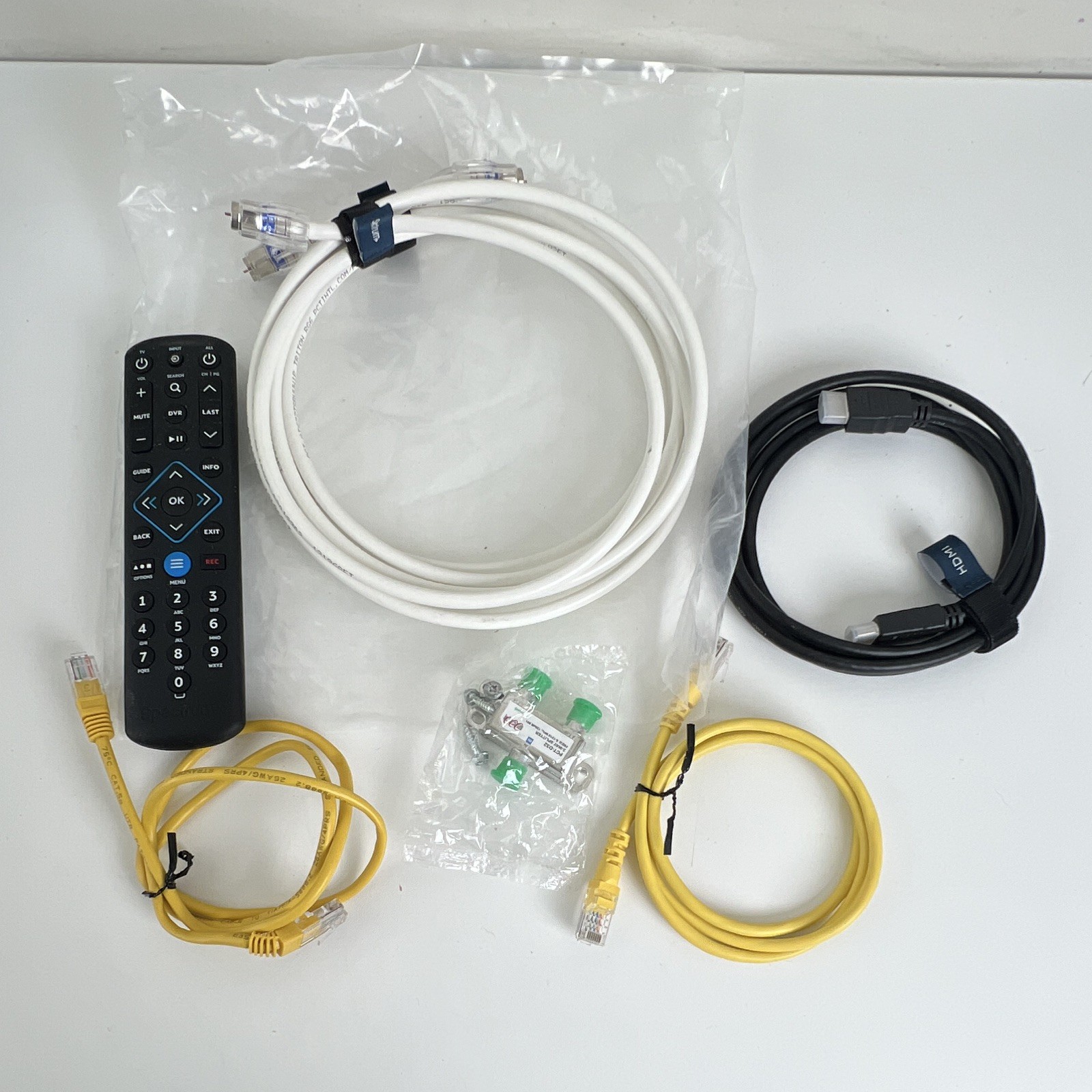 Spectrum Cable Accessory Lot - Remote Control, Coax & Ethernet Cables, Splitter