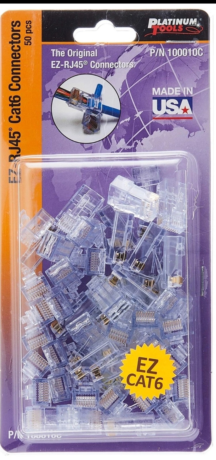 100010C EZ-RJ45 Cat6 Connectors, Clamshell, 50-Pieces