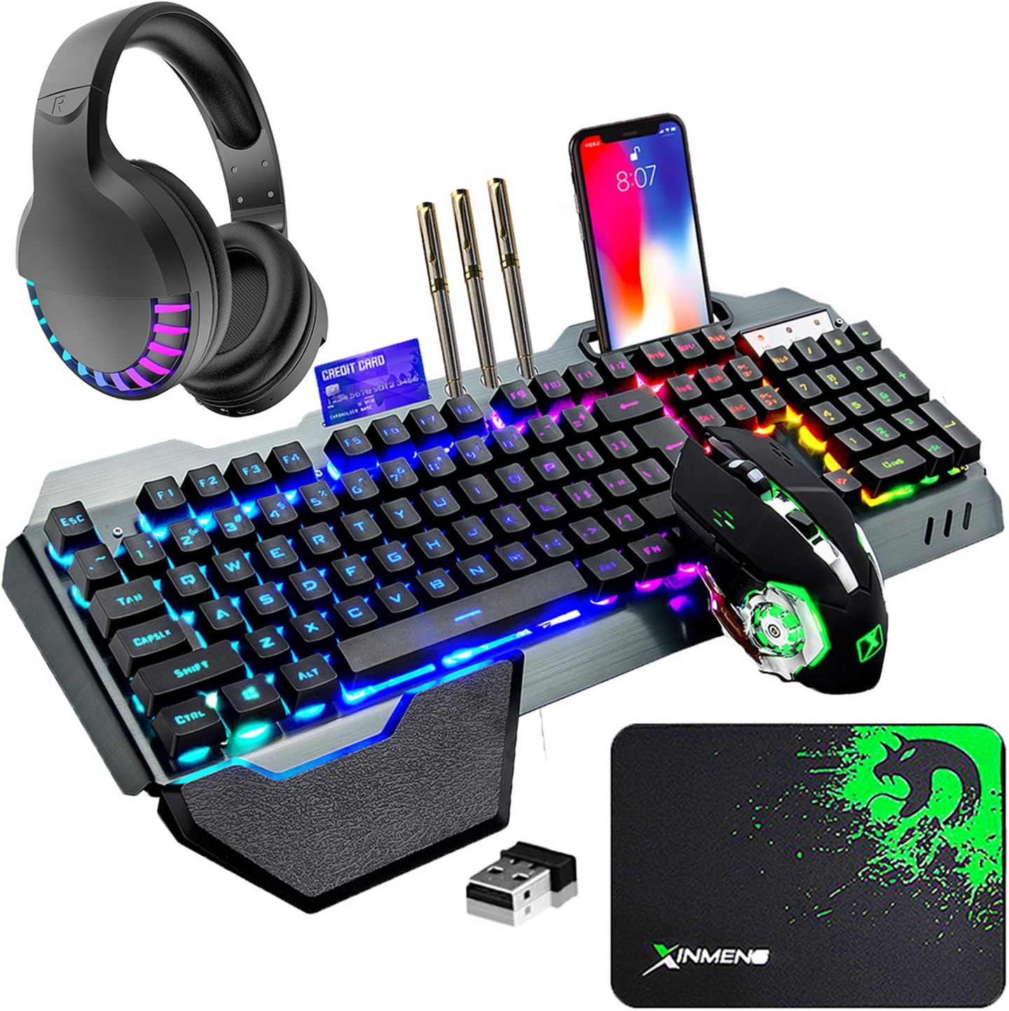 Wireless Gaming Membrane Keyboard Mouse and Bluetooth Headset Kit-Black RGB