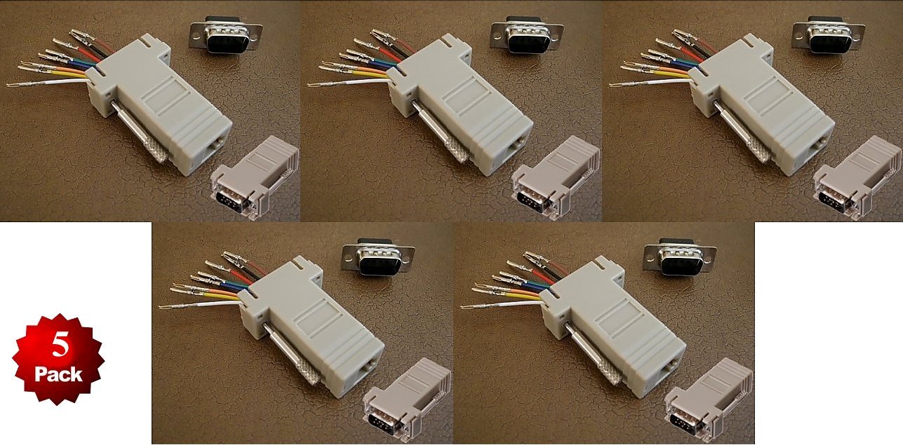 5 Pack- DB9 Male to RJ45 Female Modular Adapter Plug Connector 8P8C Serial RS232