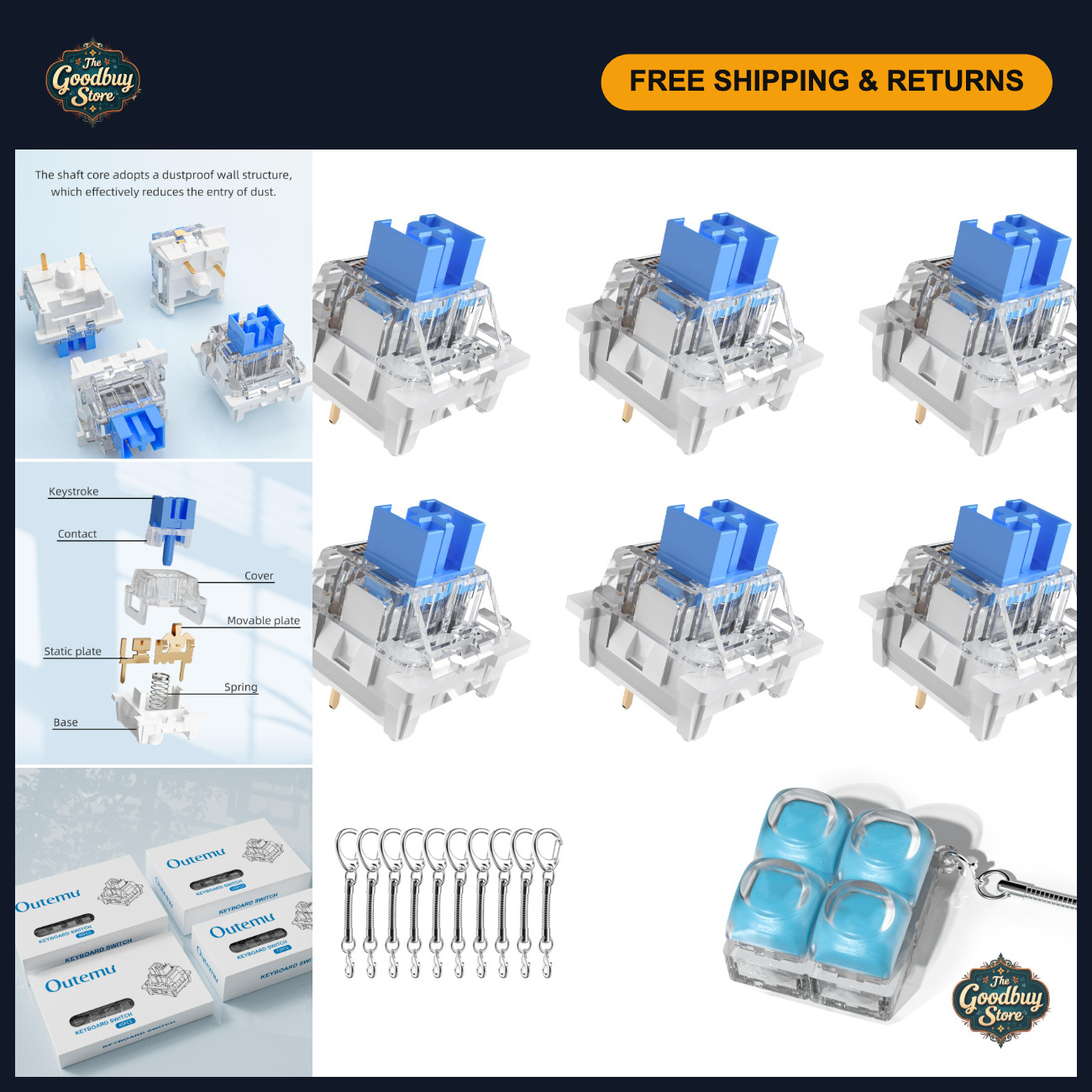 150pcs Blue Mechanical Keyboard Switches - 3-Pin Clicky RGB DIY Dustproof