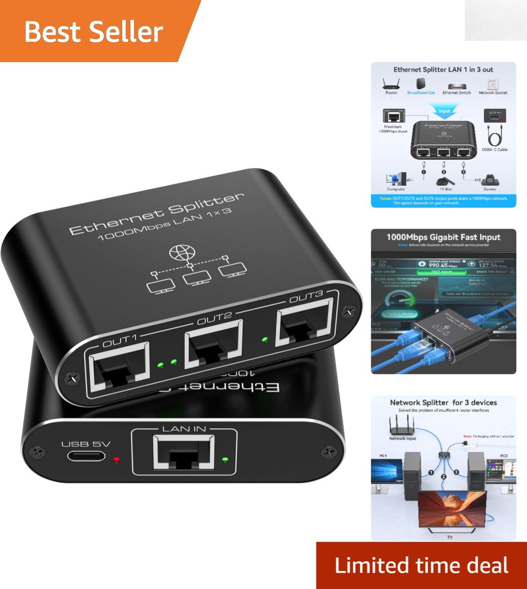 Compact and Durable 1000Mbps Ethernet Splitter - Connect Multiple Devices Easily