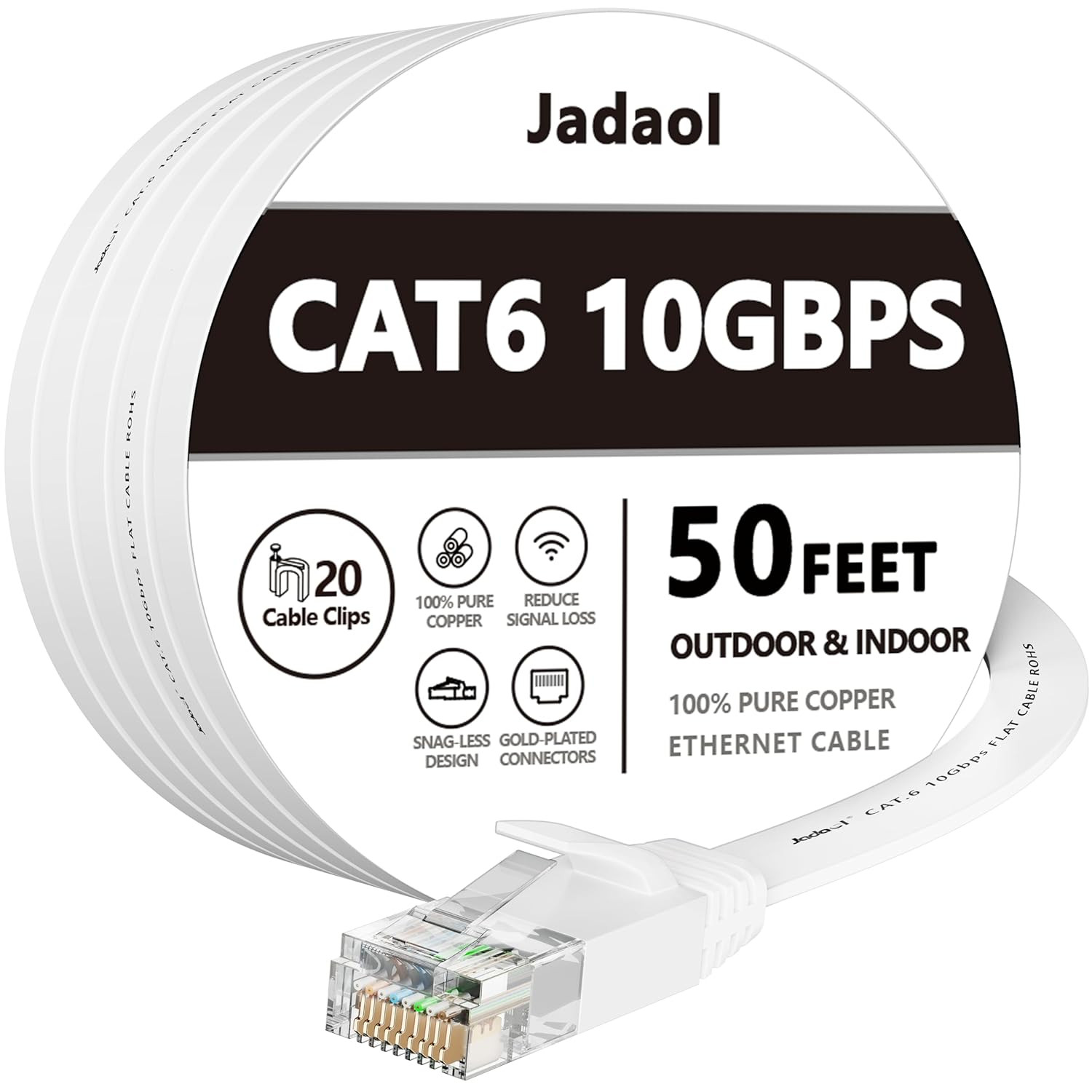 Jadaol Cat6 Ethernet Cable 50FT with Clips 10Gbps Flat Network Cable, White | 1F
