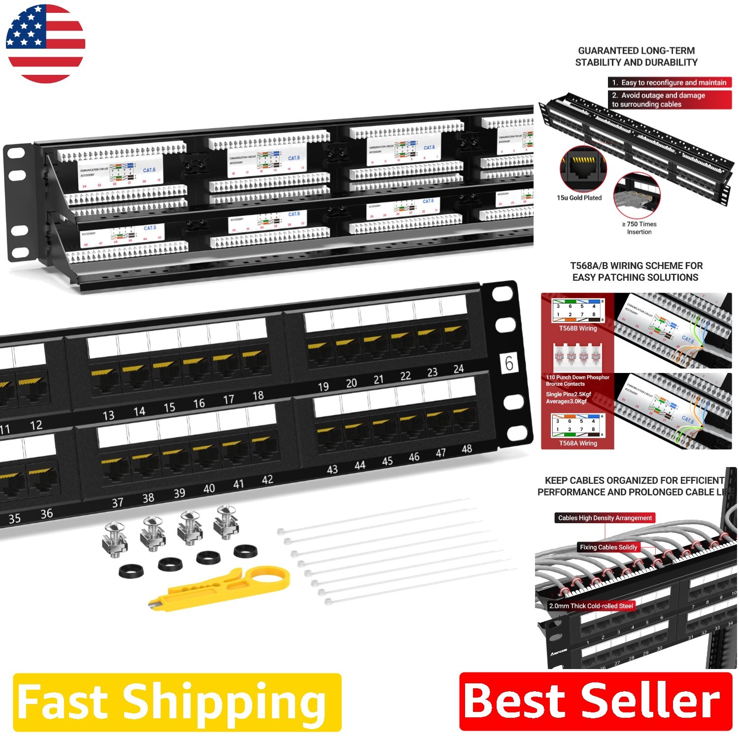 Heavy Duty 48-Port Cat6 Patch Panel 10Gbps Rack Mount RJ45 Network