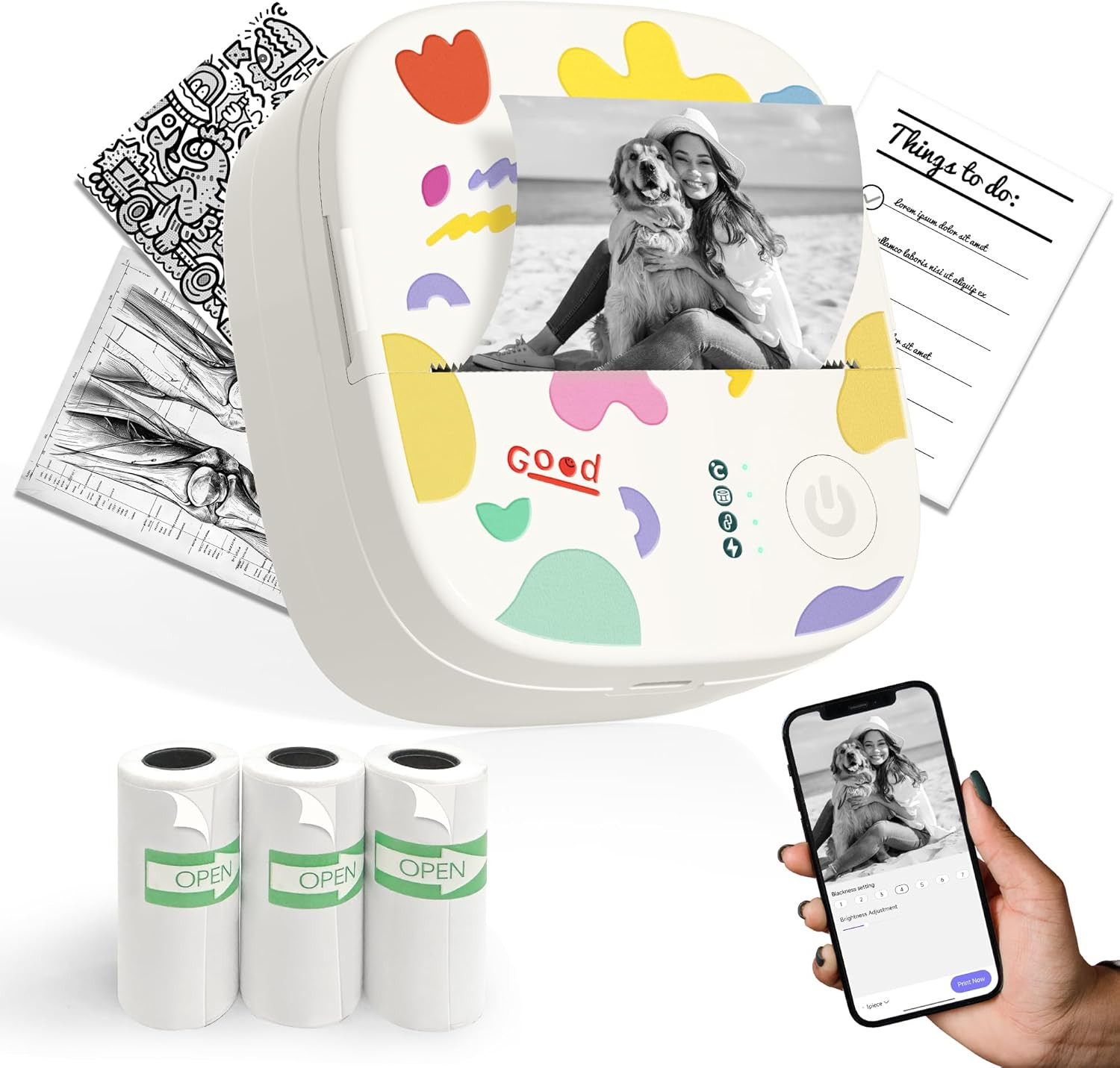 Mini Sticker Printer AHM2, Mini Thermal Printer with 3 Rolls Paper, Portable