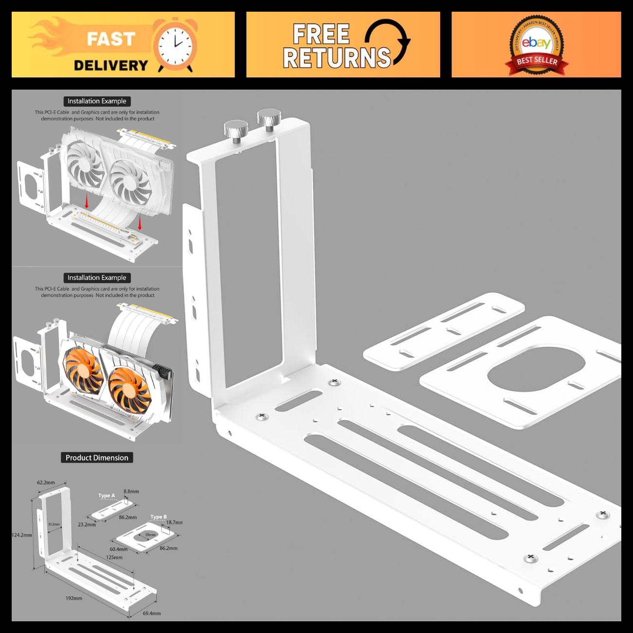 Vertical GPU Mount Bracket - 2 Slot Graphics Card Holder, eGPU Dock Station, Whi