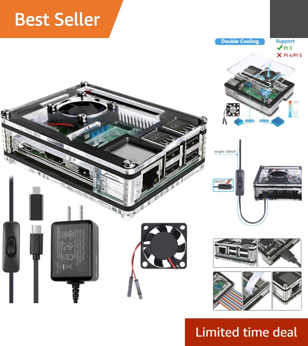 Sleek Transparent Raspberry Pi 3 Case with Quiet Fan, 3 Heatsinks & Power Switch