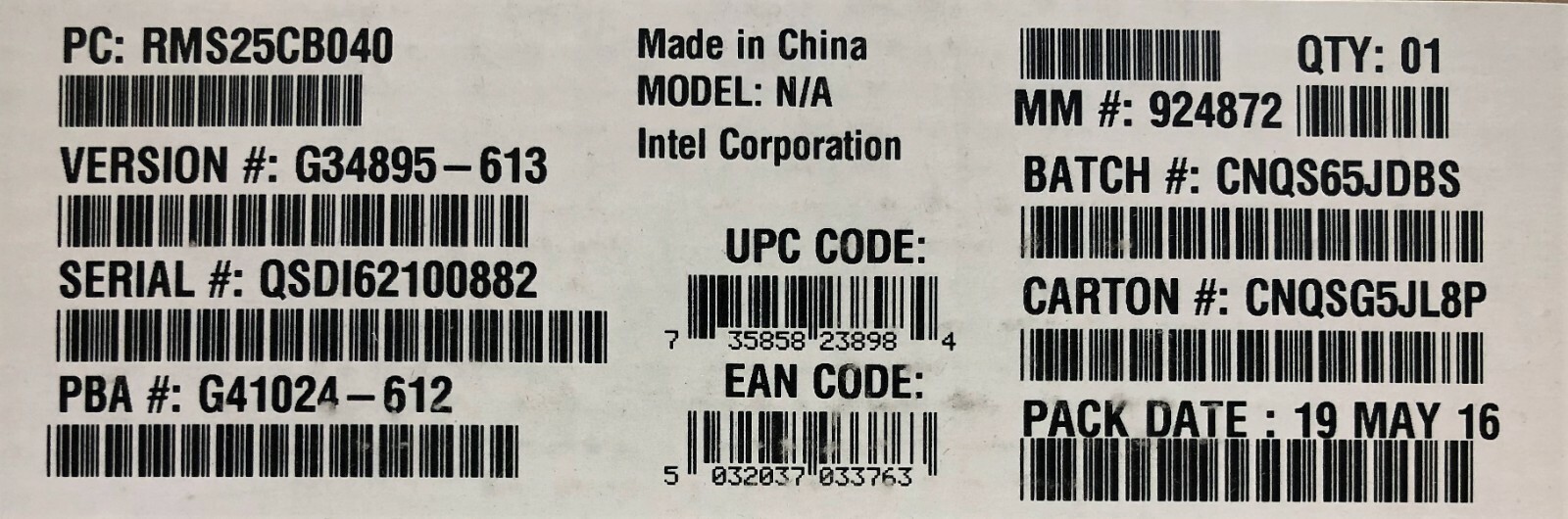 Intel RMS25CB040 SAS/SATA 6 Gb/s Integrated RAID Module NEW