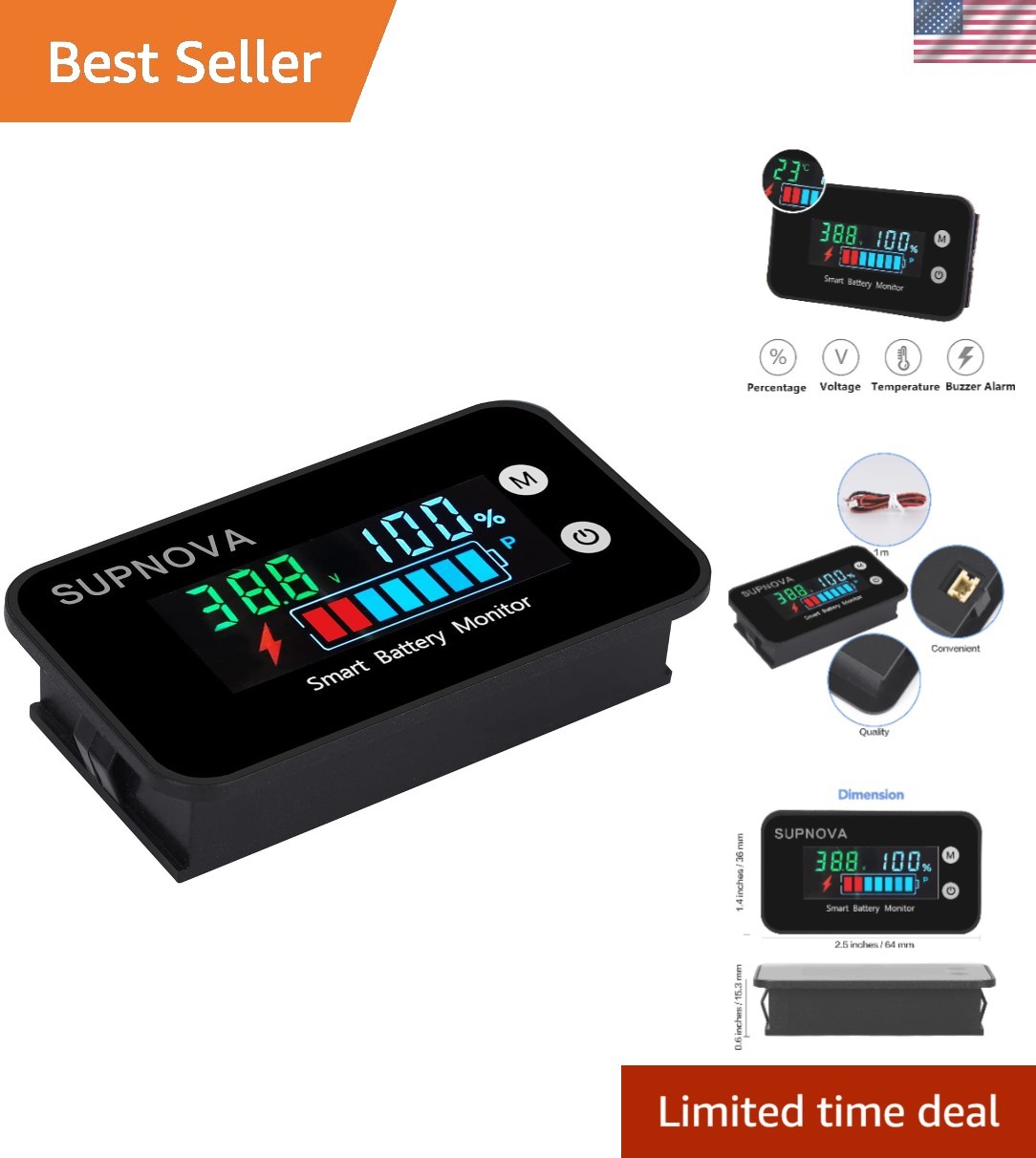7-100V Battery Monitor, Color LCD with Temp &Buzzer Alarm
