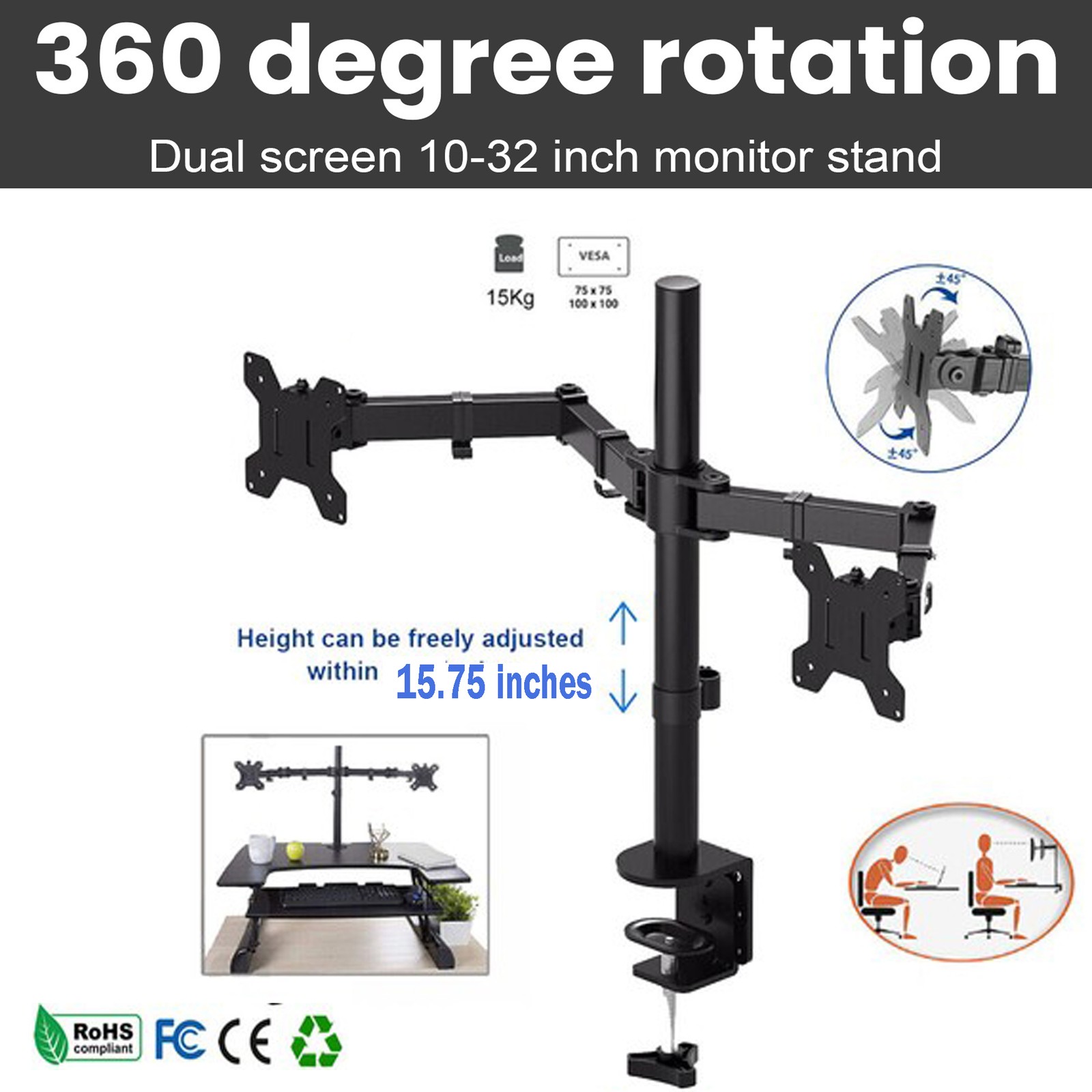 Double Twin Arm Desk Mount Bracket LCD Computer Monitor Stand 10”-32” Screen TV
