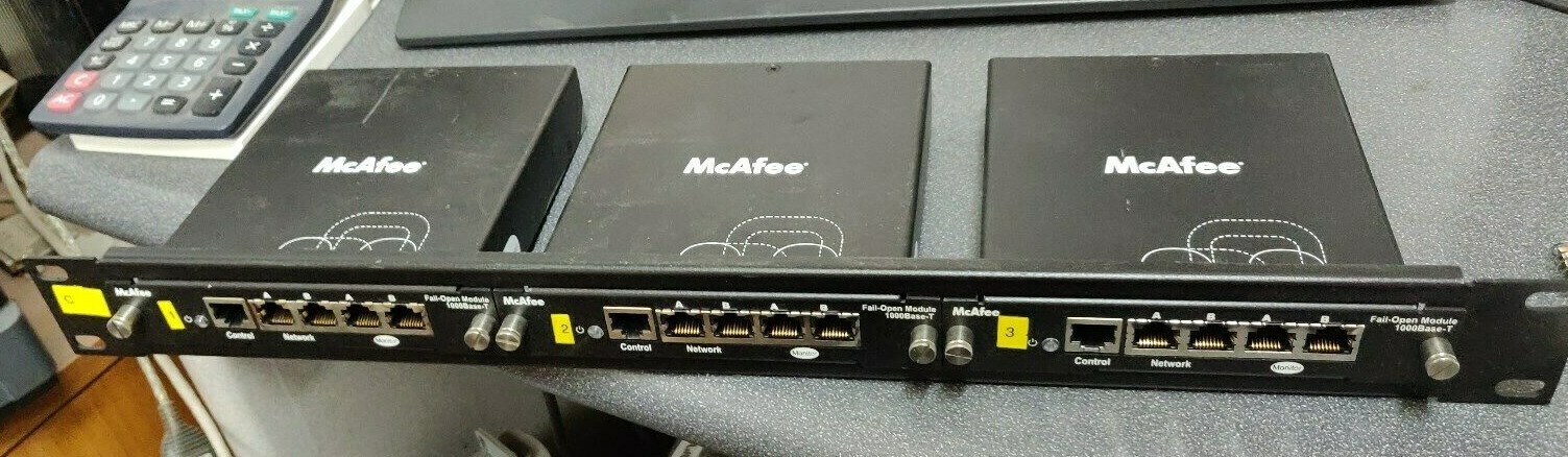 3x Mcafee Fail-Open Module 1000Base-T Ethernet Control Network Monitor w/1U Rack