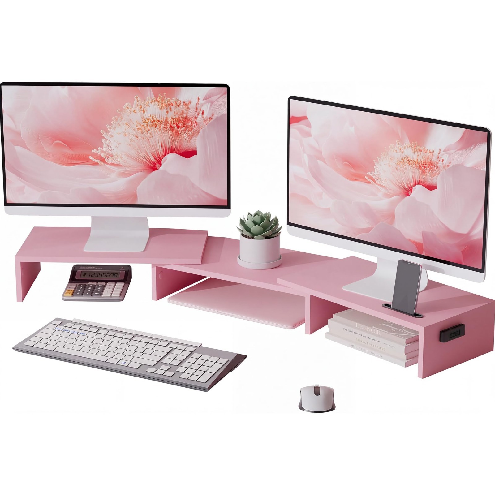Dual Monitor Stand Riser, Adjustable Length & Swivel Angle, Pink, Ergonomic Desi
