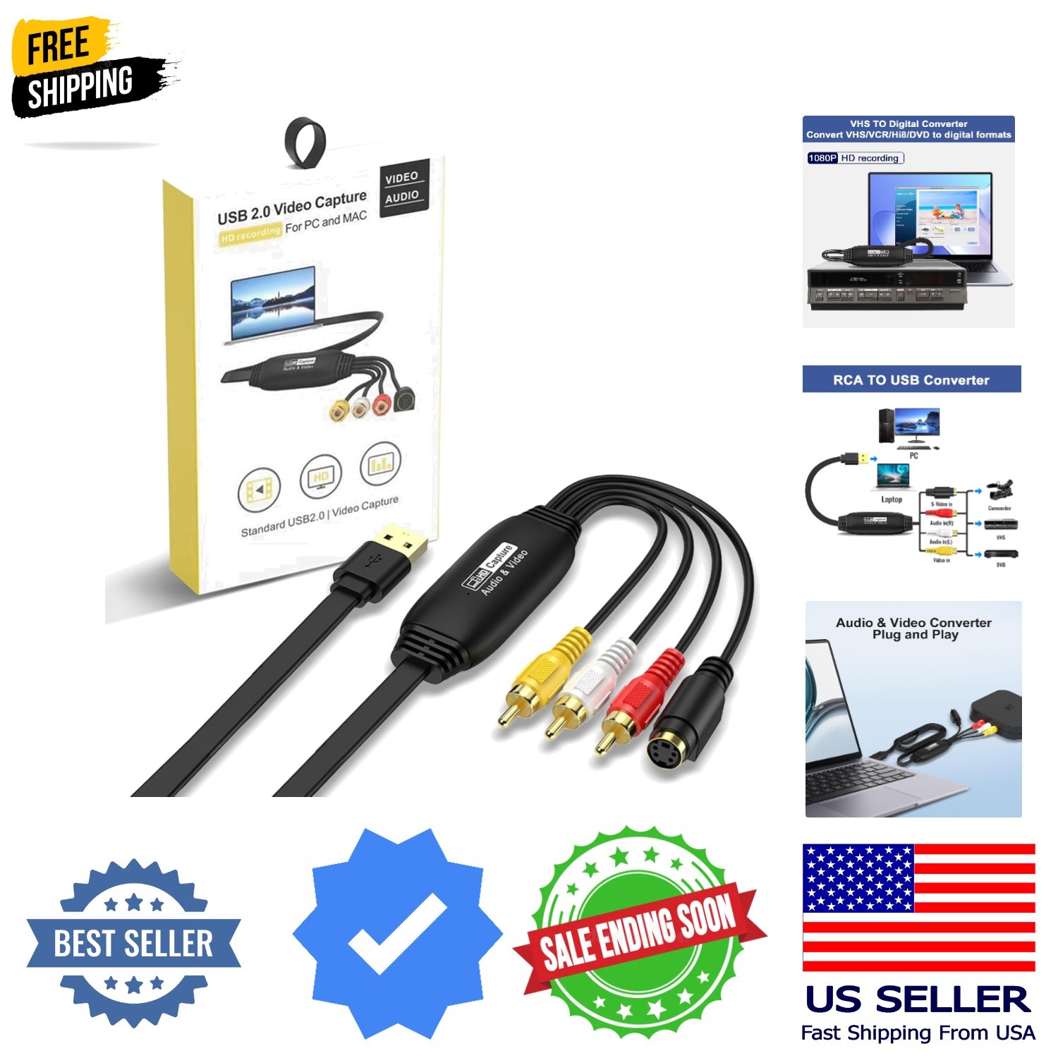 1080P, RCA to USB Capture Card, Video Capture - Convert VHS VCR Hi8 to Digita...