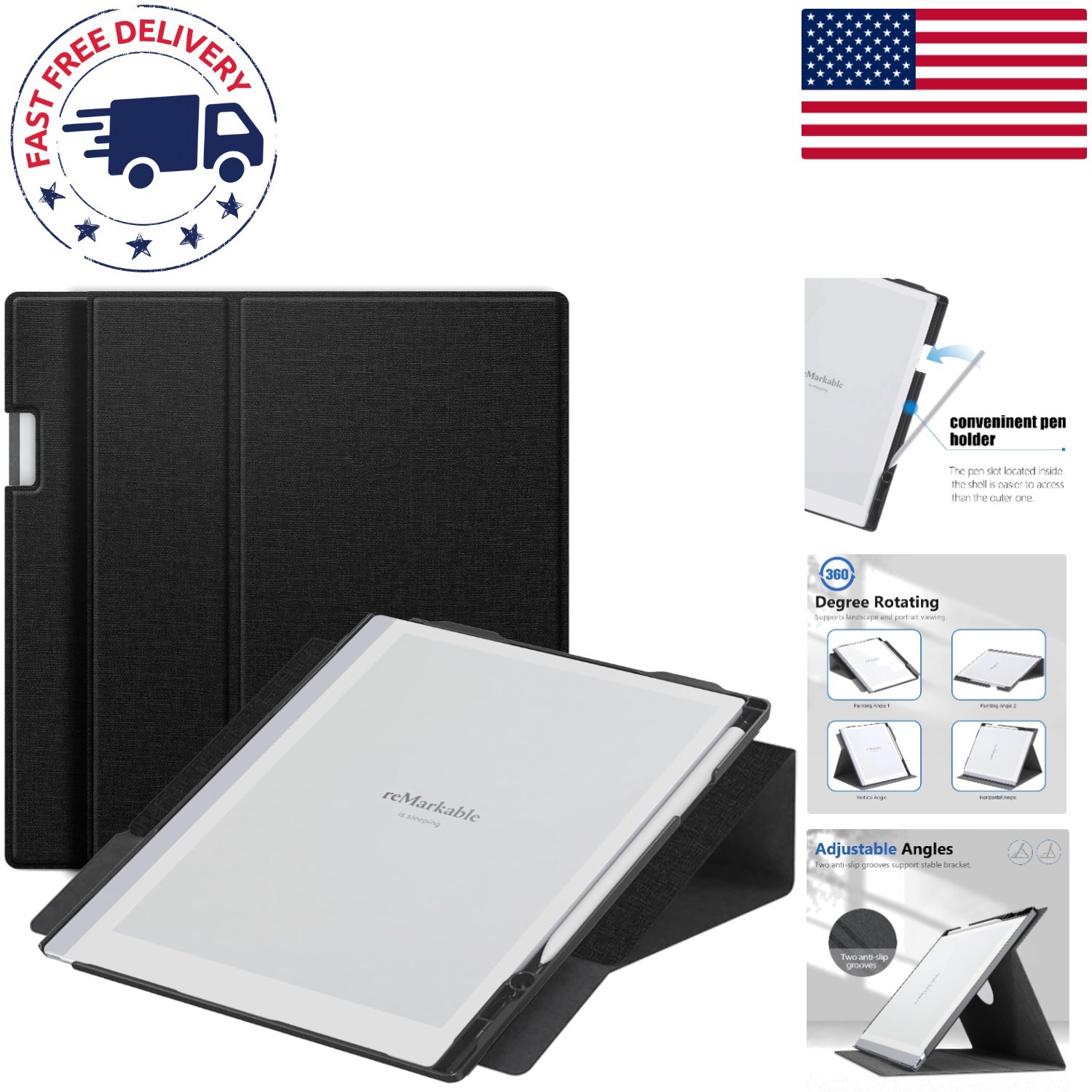 Luxurious Adjustable Folio Case for Remarkable 2 Tablet - Built-in Pen Holder