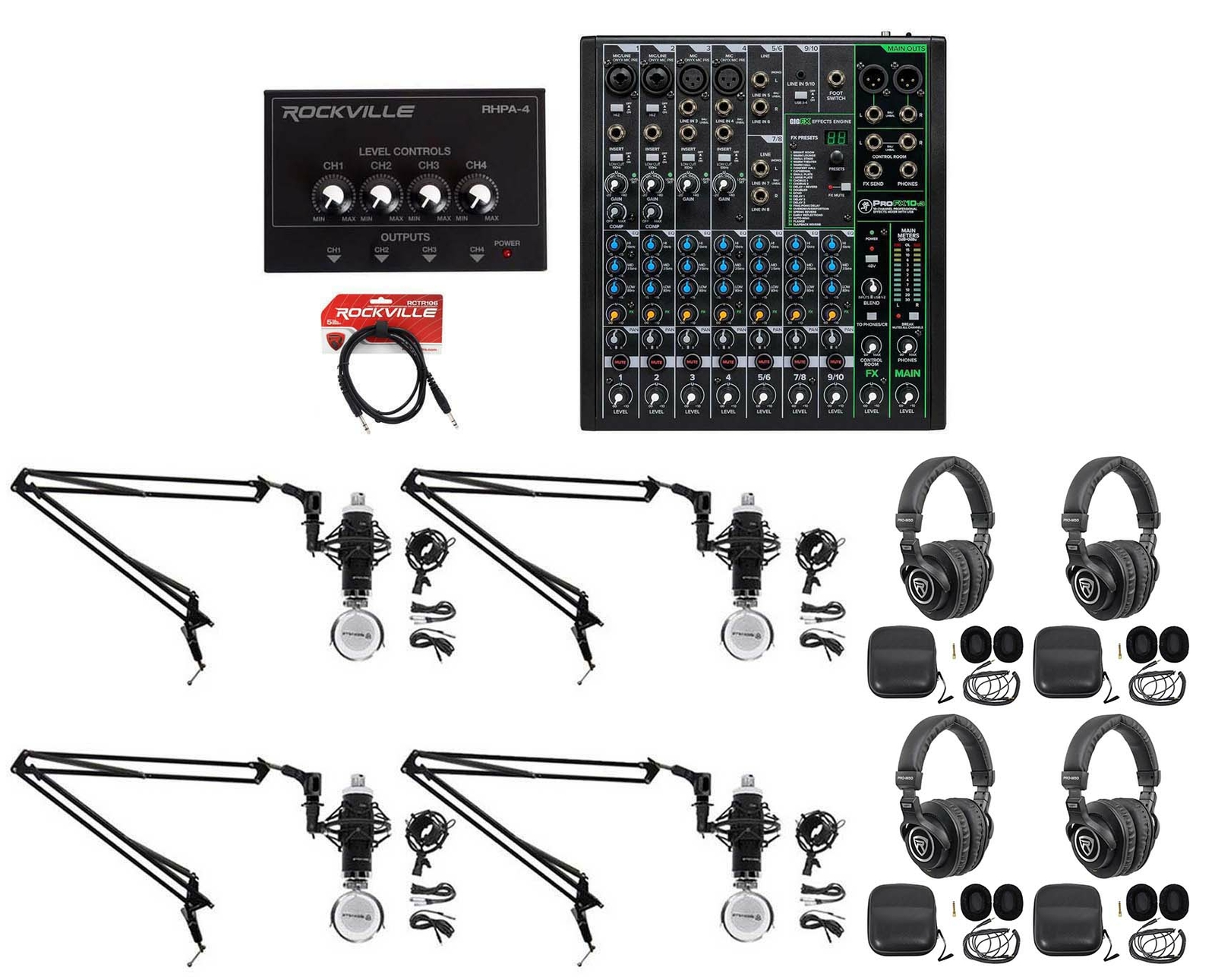 4-Person Podcast Podcasting Recording Kit w/Mackie ProFX10 v3 Mixer+Boom Arms