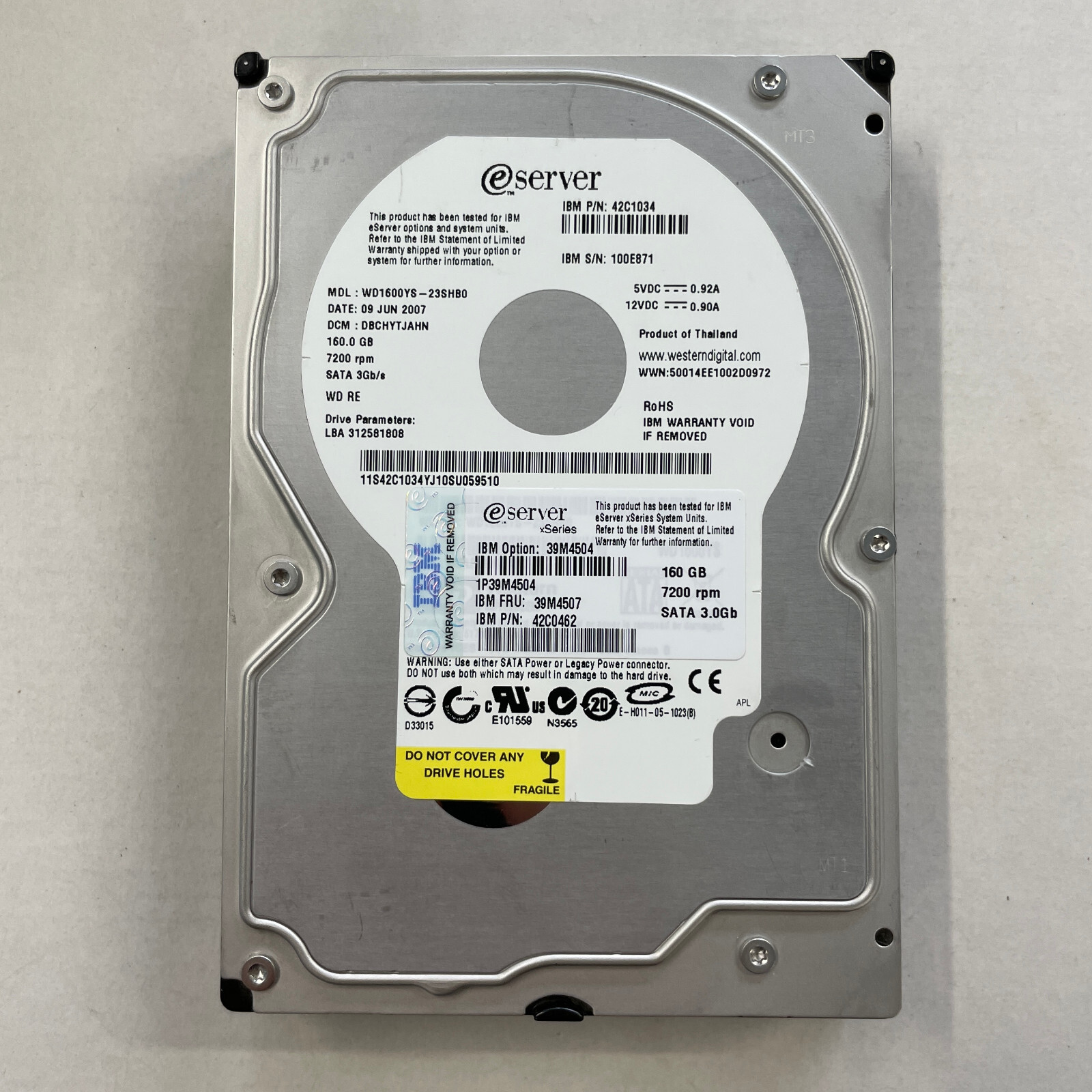WD RE 160GB 3.5" HDD SATA 3Gb/s 7200 RPM 16MB Cache Hard Drive WD1600YS 42C1034