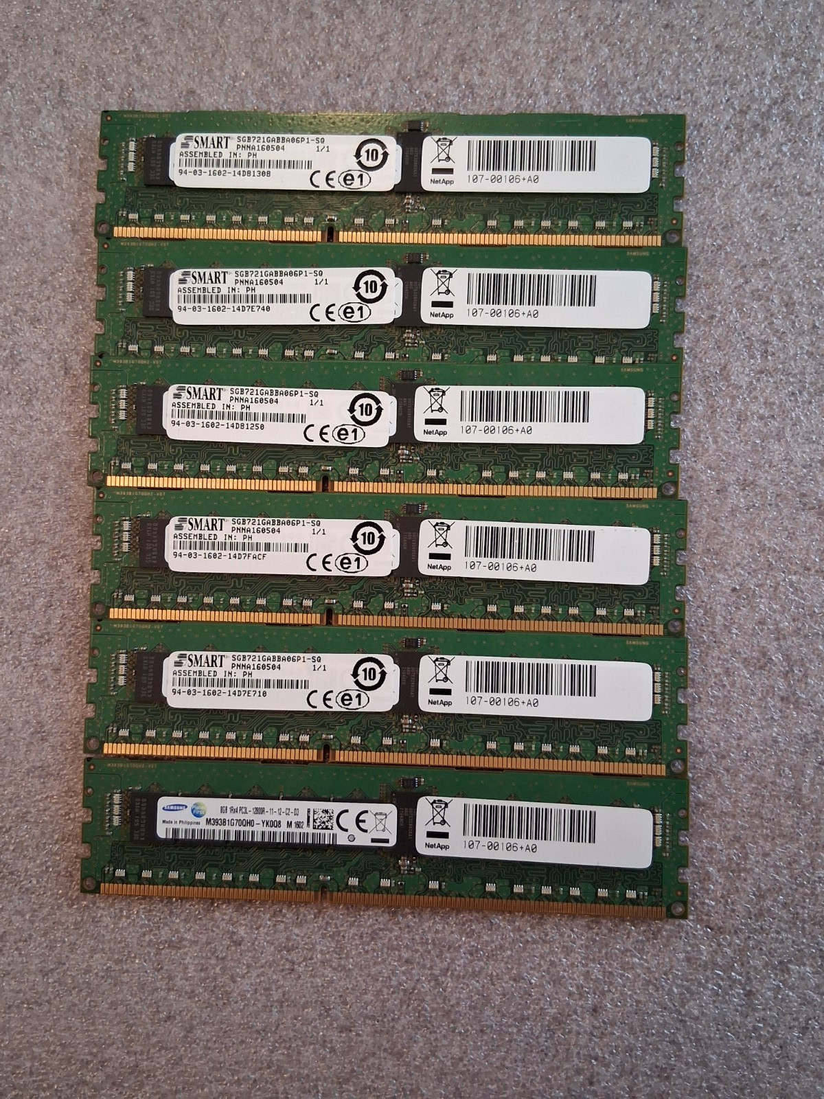 LOT OF 6 Samsung/SMART 8GB PC3 SERVER MEMORY NETAPP 107-00106+A0
