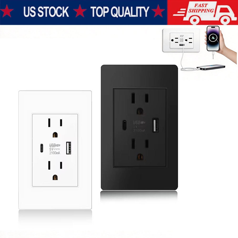 Dual Wall Outlet with USB Ports Charger AC Power Receptacle Plate Panel 15A 120V