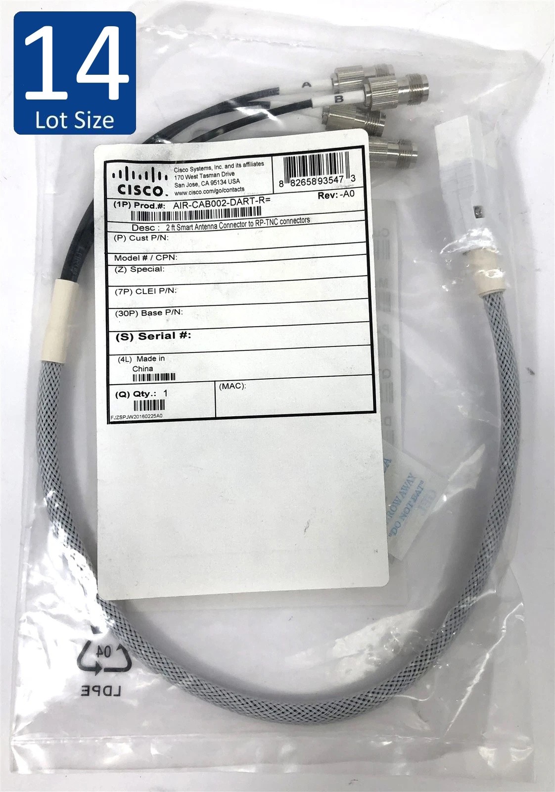 LOT OF 14 Open Box 2FT Cisco AIR-CAB002-DART-R Smart Antenna Connector to RP-TNC