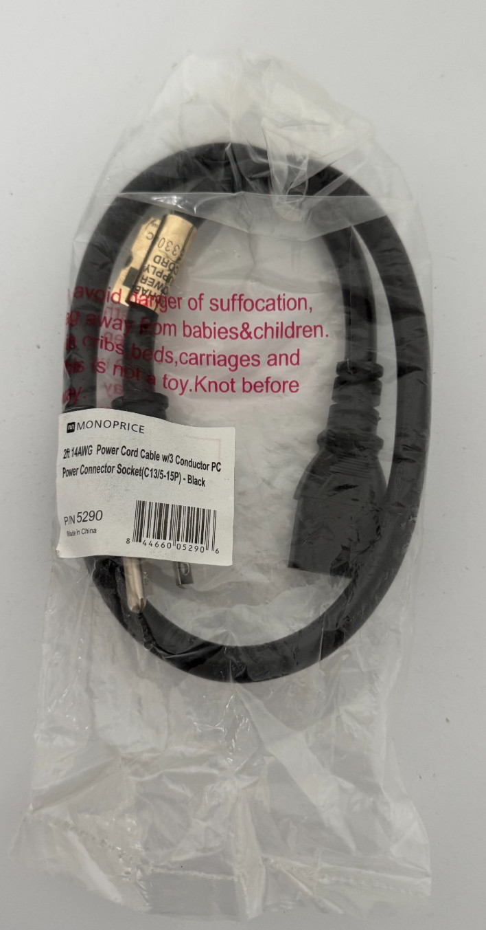 Monoprice 2ft 14AWG Power Cord Cable w/ 3 Conductor PC Power Connector Socket