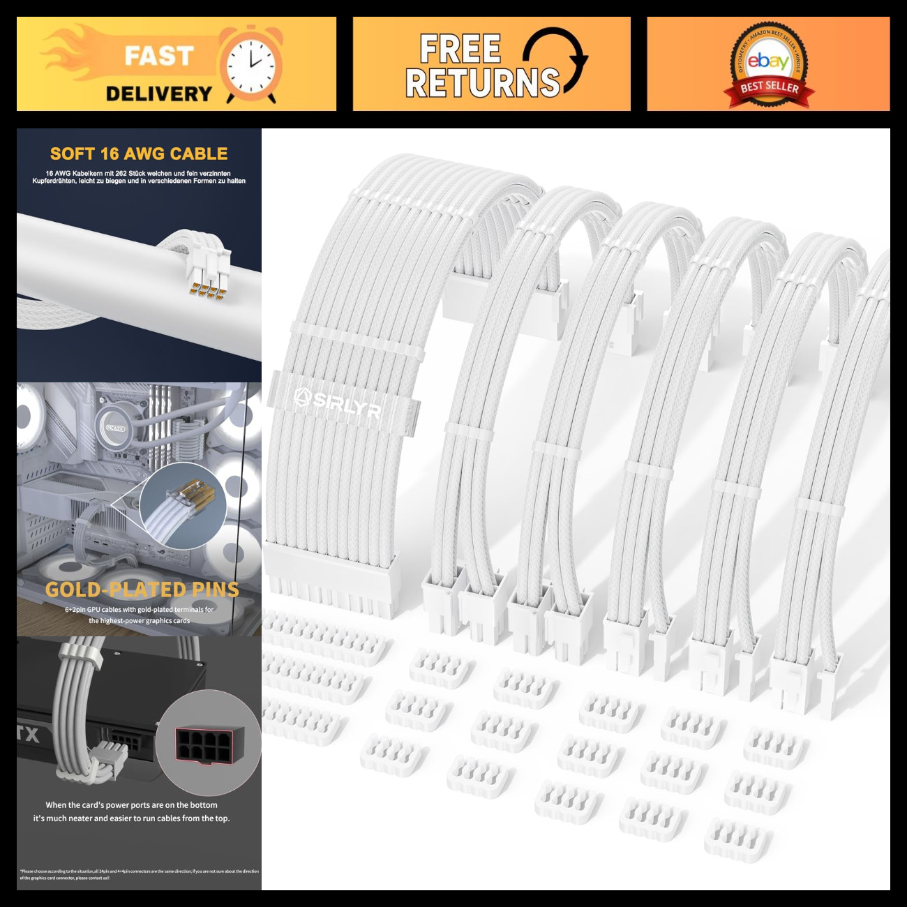 16AWG PSU Extension Cables Kit - 24/8Pin One-Way Bend, 6 Pack, White Color