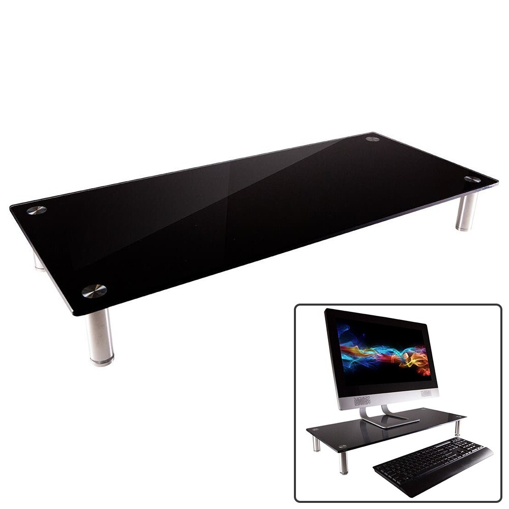 Monitor Riser Black Glass Shelf Desktop Desk Stand For TV Multimedia Notebook