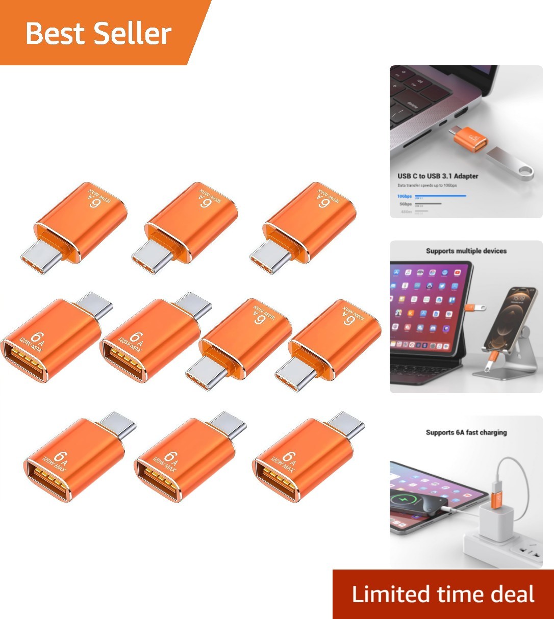 10-Pack USB C to USB A Adapter, 10Gbps Data Transfer & 120W Fast Charge – Orange