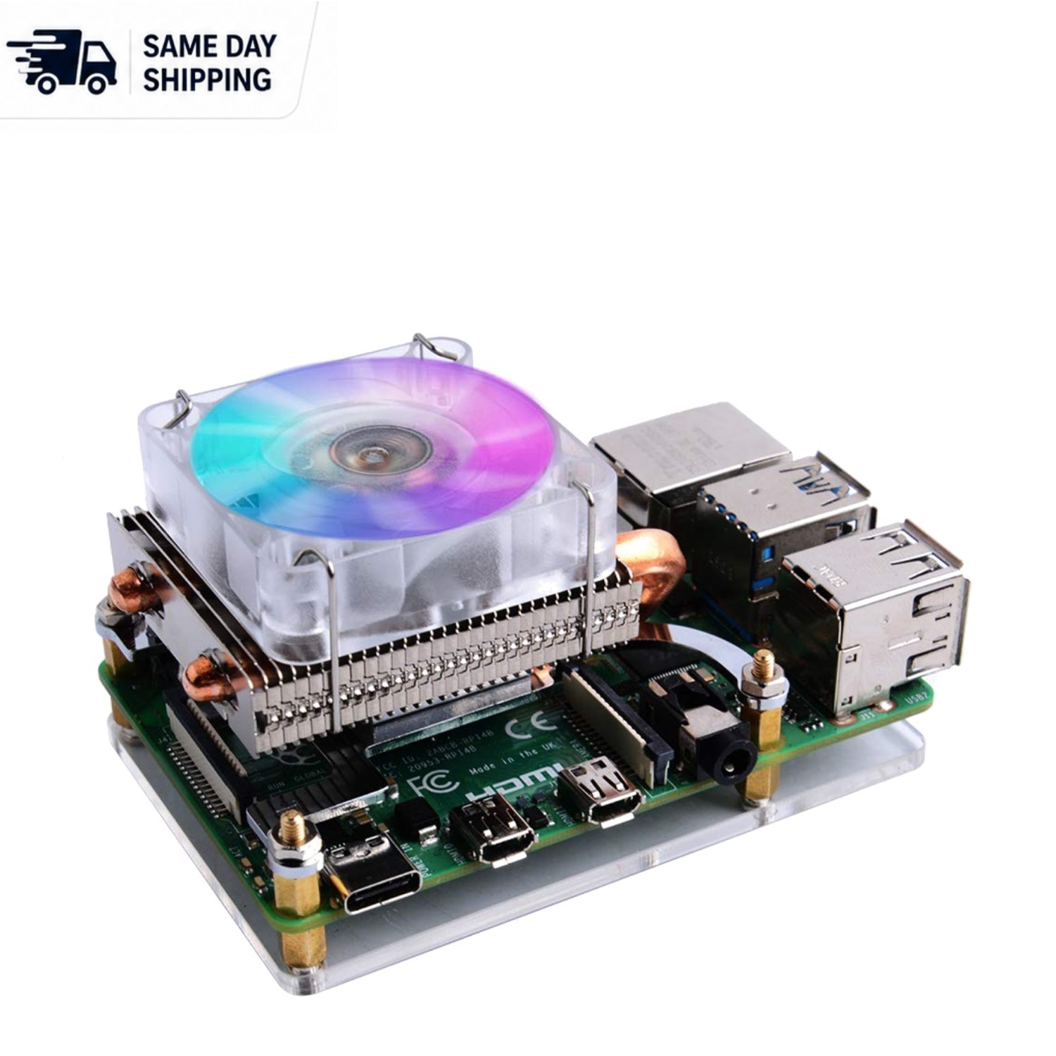Compact Low-Profile CPU Cooler with RGB Lighting for Raspberry Pi 4B & 3 Models