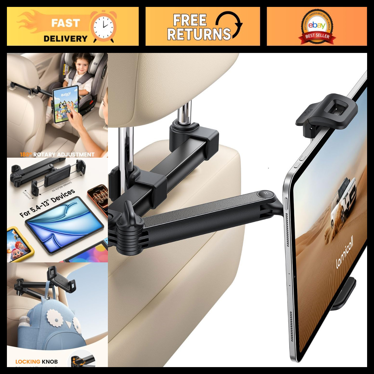 Adjustable Car Headrest Tablet Holder, Foldable Clip, Lockable Design, Universal