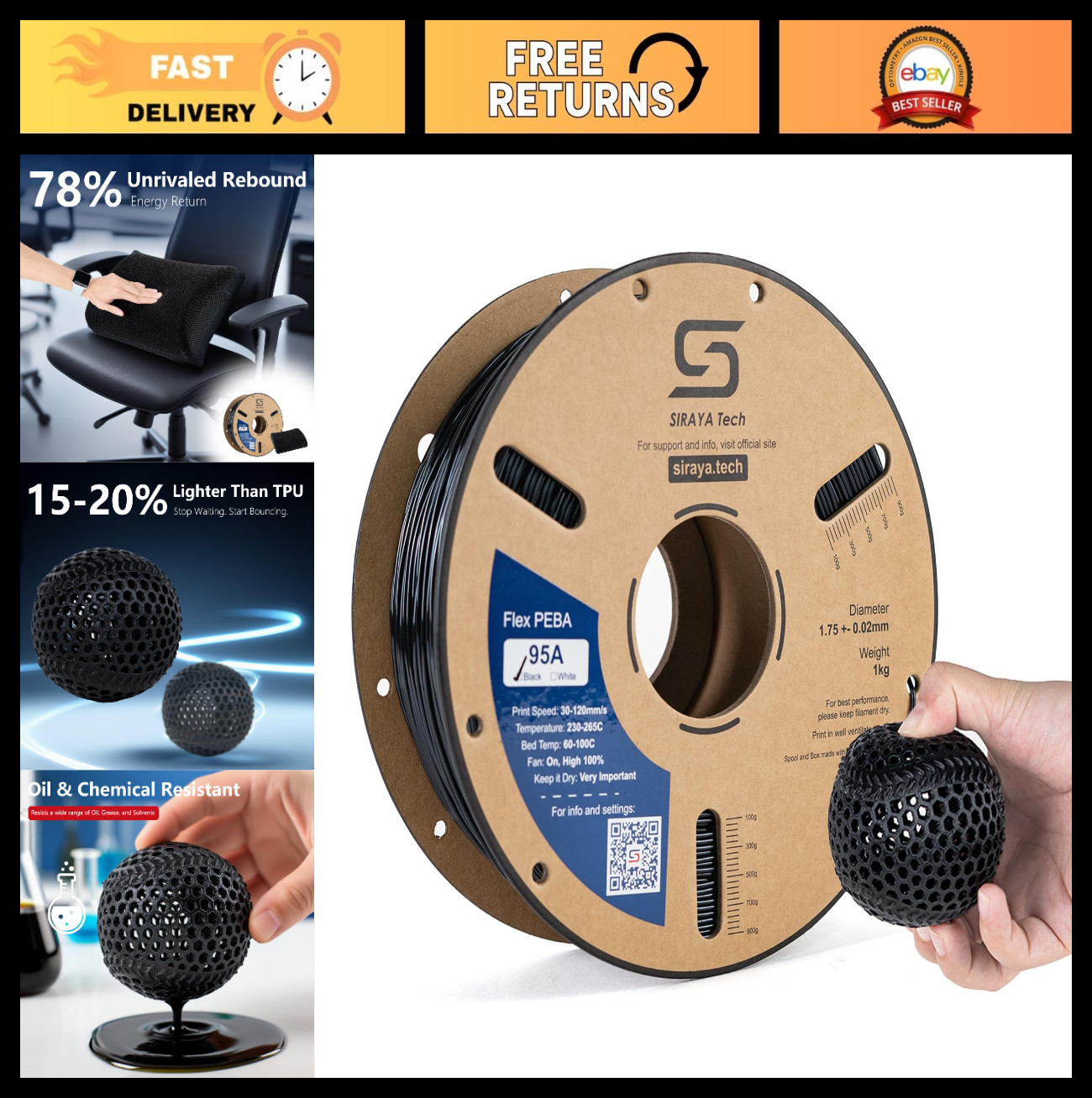 High-Quality 3D Printer Filament, PEBA 95A Super TPU, Flexible, Black, 800g