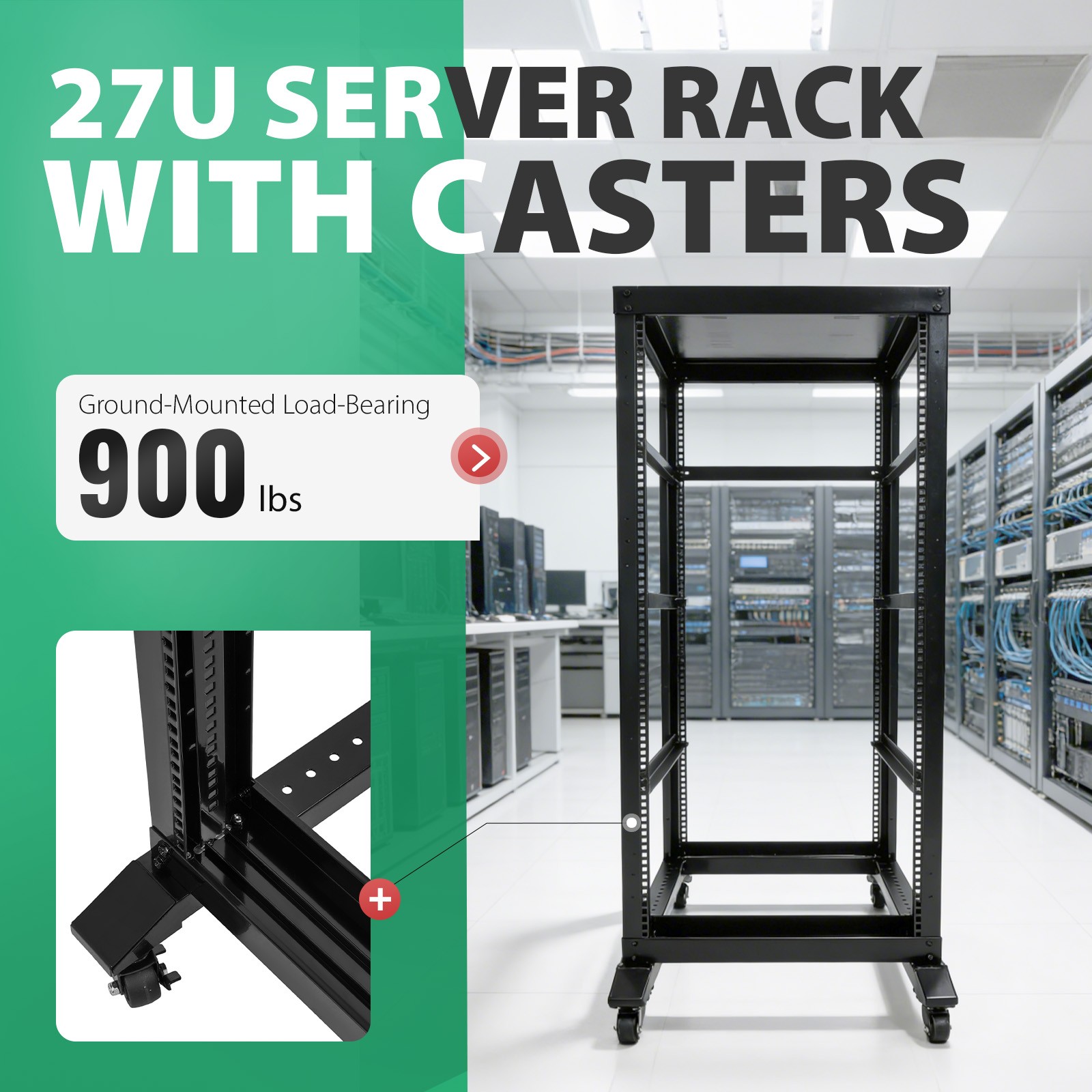 27U 4 Post Open Frame Server Rack Network 22" Adjustable Depth W/ Casters