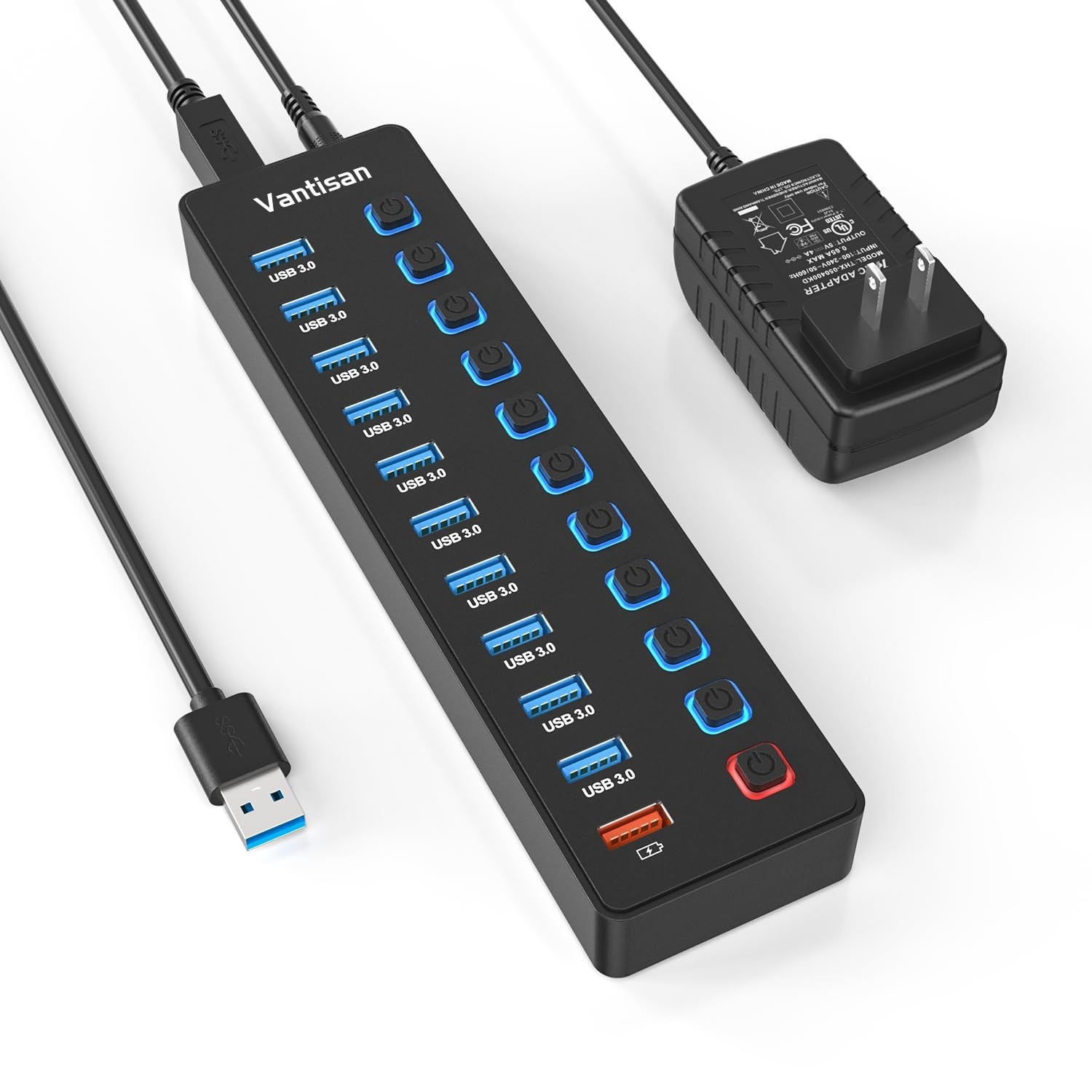 11-Port USB 3.0 Hub Splitter - 10 Data Transfer Ports + 1 Smart Charging Port, L