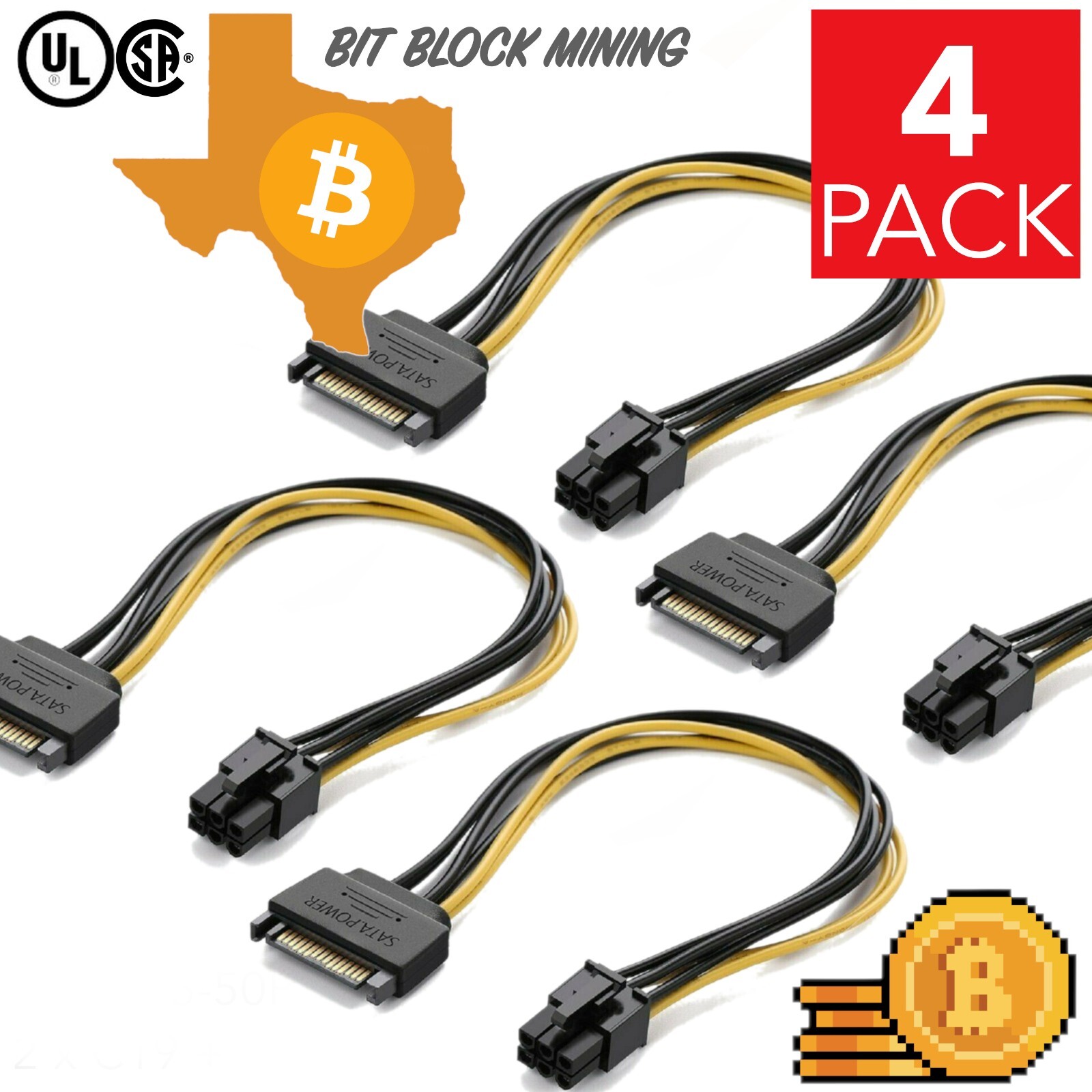 4 PACK 8" Inch SATA 15-Pin to 6-Pin PCI Express Card Power Adapter Cable Mining