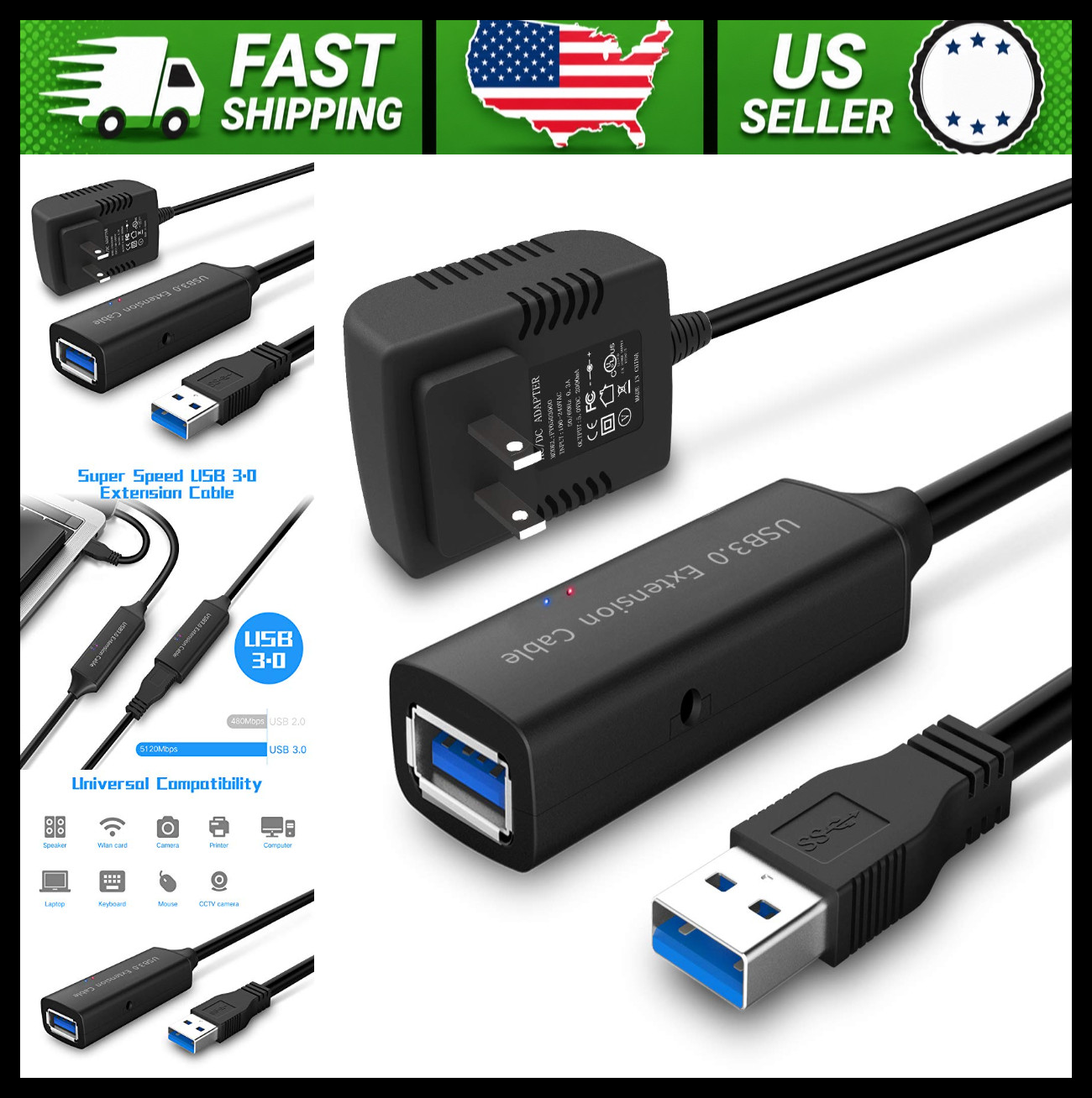 RSHTECH USB 3.0 Active Extension Cable 50ft with Power Adapter