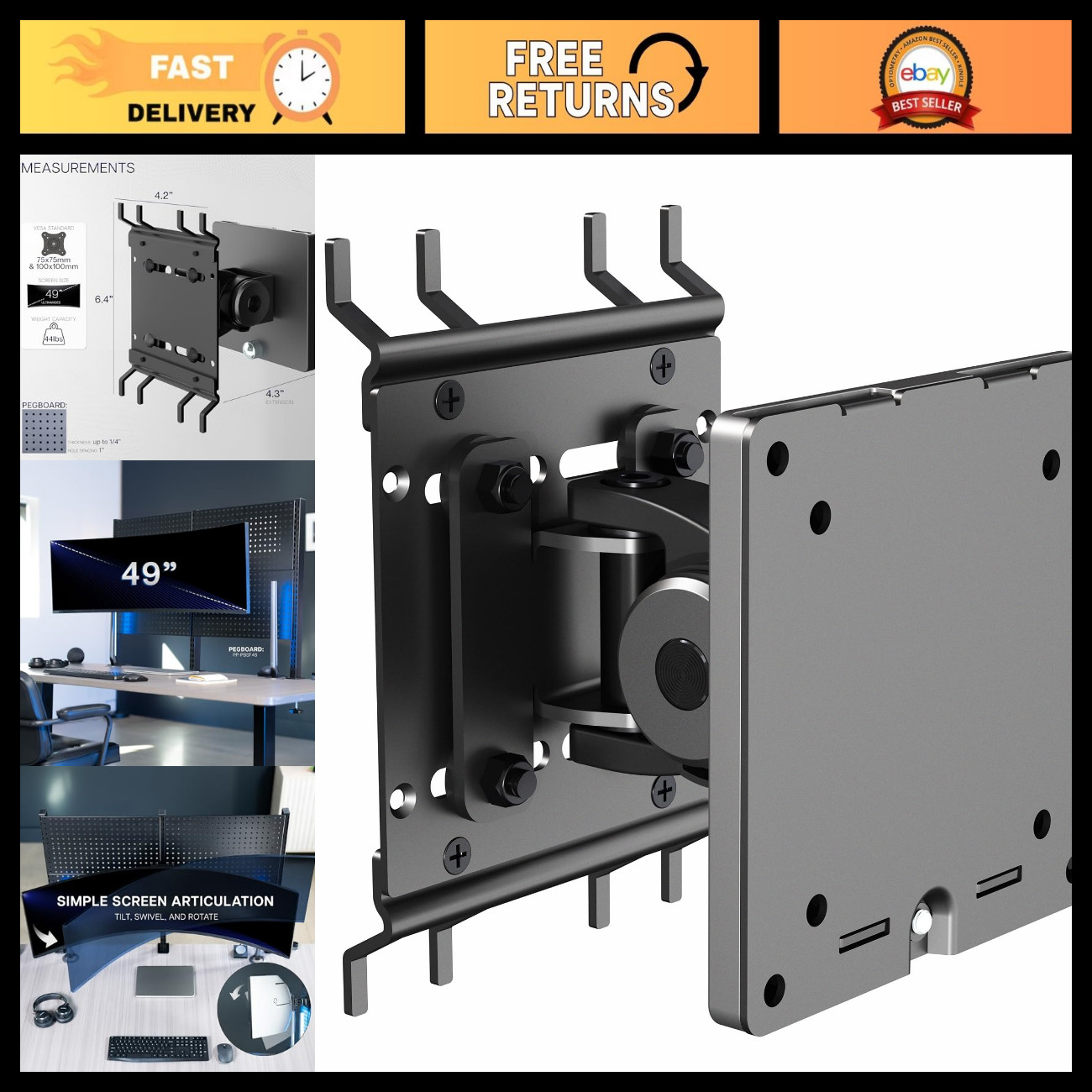Single Monitor Pegboard Mount for 49" Ultrawide Displays - Adjustable & Space-Sa