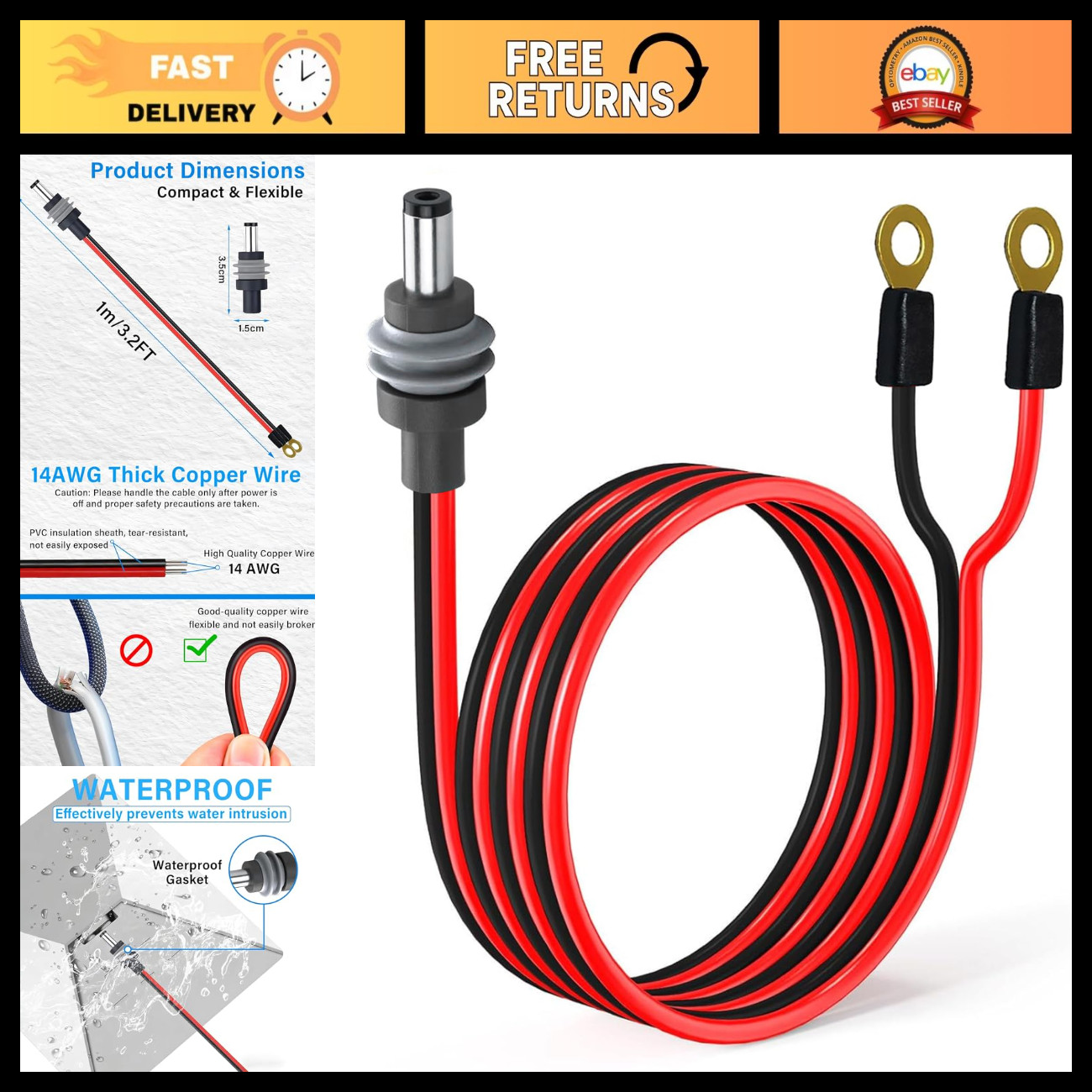14AWG Mini Power Extension Cable 3.2Ft, IP65 Waterproof, Heavy Duty for Outdoor