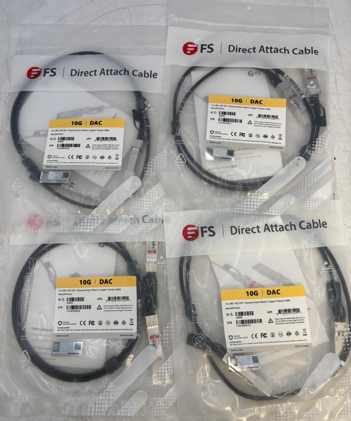 LOT OF 4 FS SFPP-PC01 1M 3FT 10G SFP+ Passive Direct Attach Copper Twinax Cable