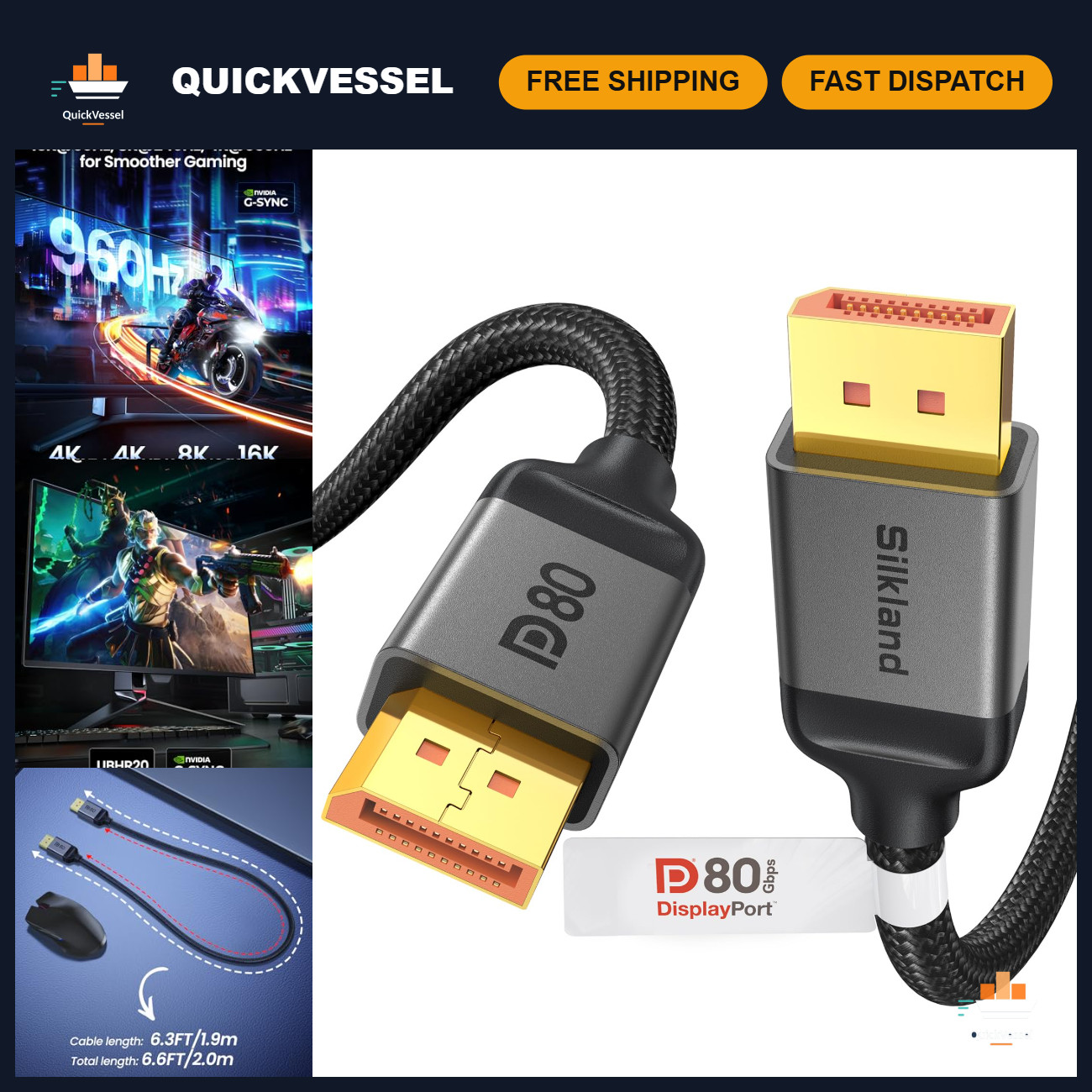 High-Speed 80Gbps DisplayPort 2.1 Cable, VESA Certified, 6.6FT/2M, DP80 HDR