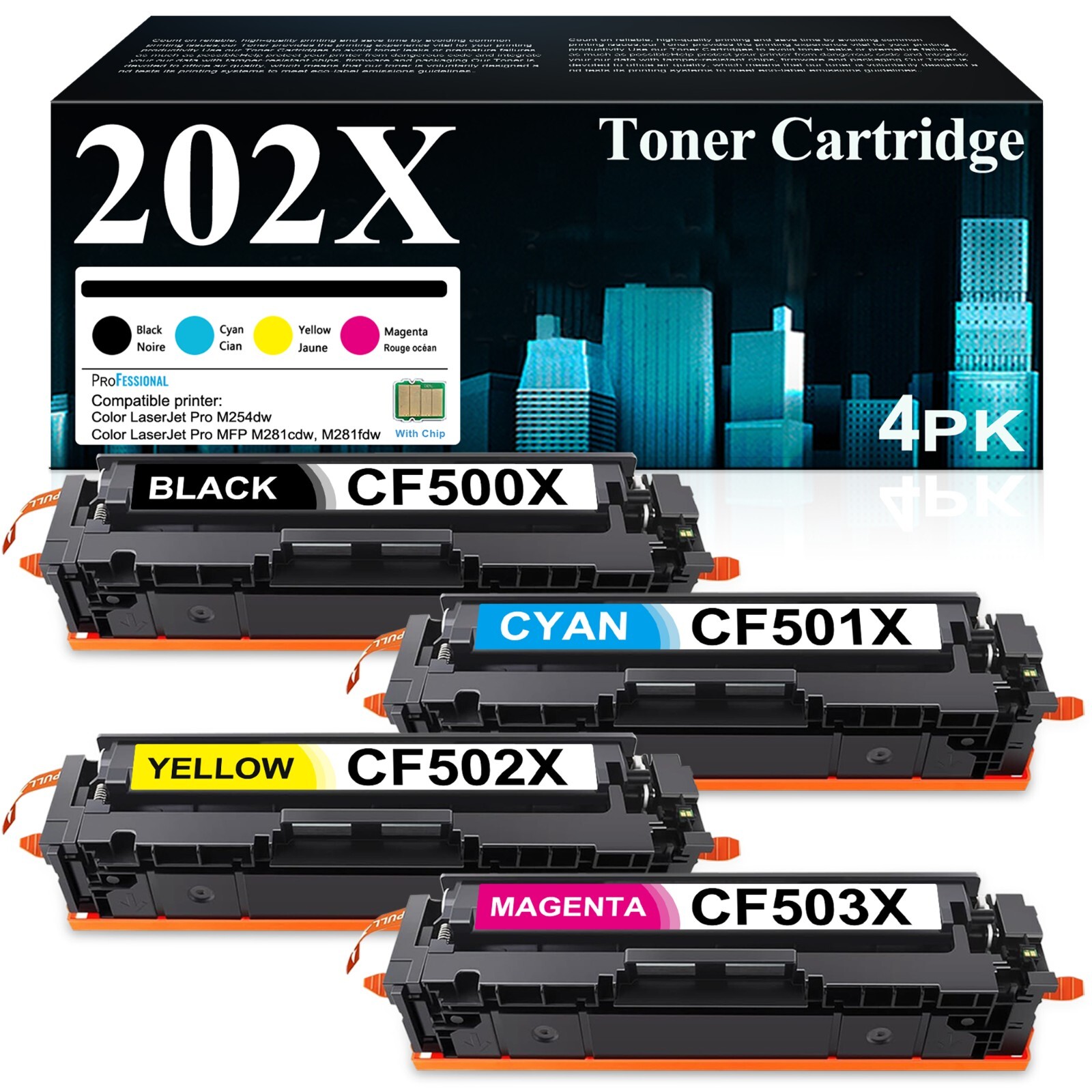 Compatible HP 202X Toner Cartridge Set (4-Pack) for MFP M281fdw M254dw M281fdn