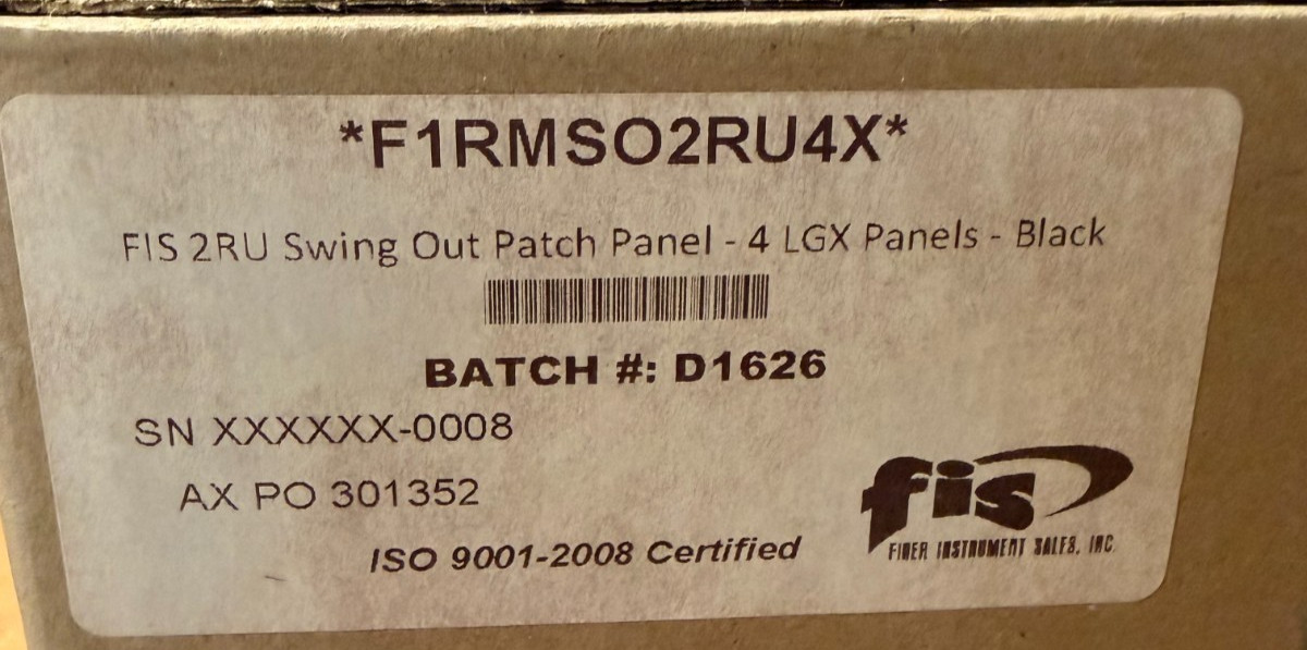 FIS	F1RMSO2RU4X Swing Out Patch Panel 2RU Holds (4) Adapter Plates Unloaded Blac