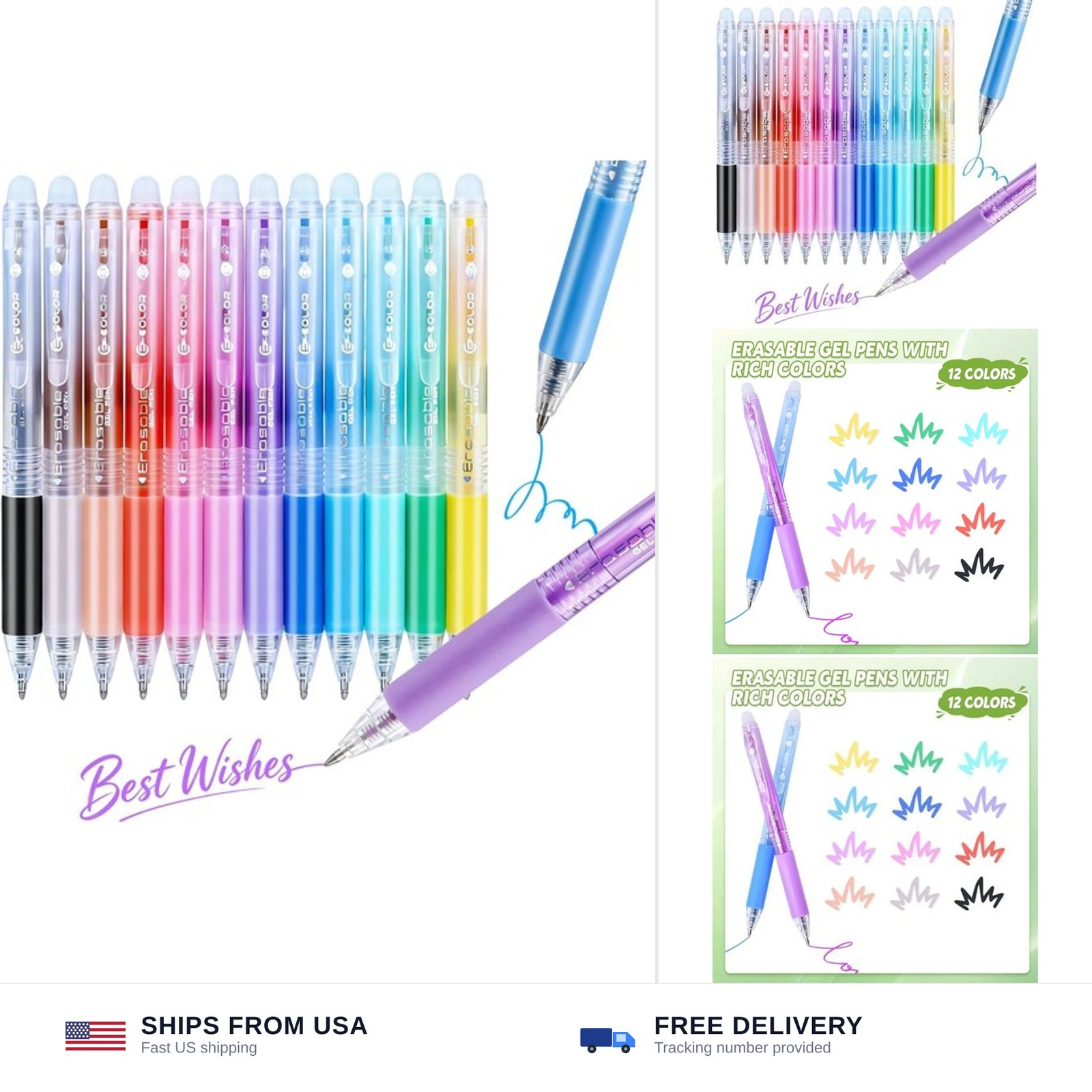 12 Colors Retractable Erasable Gel Pens, Retractable Fine Point Erasable Pens...