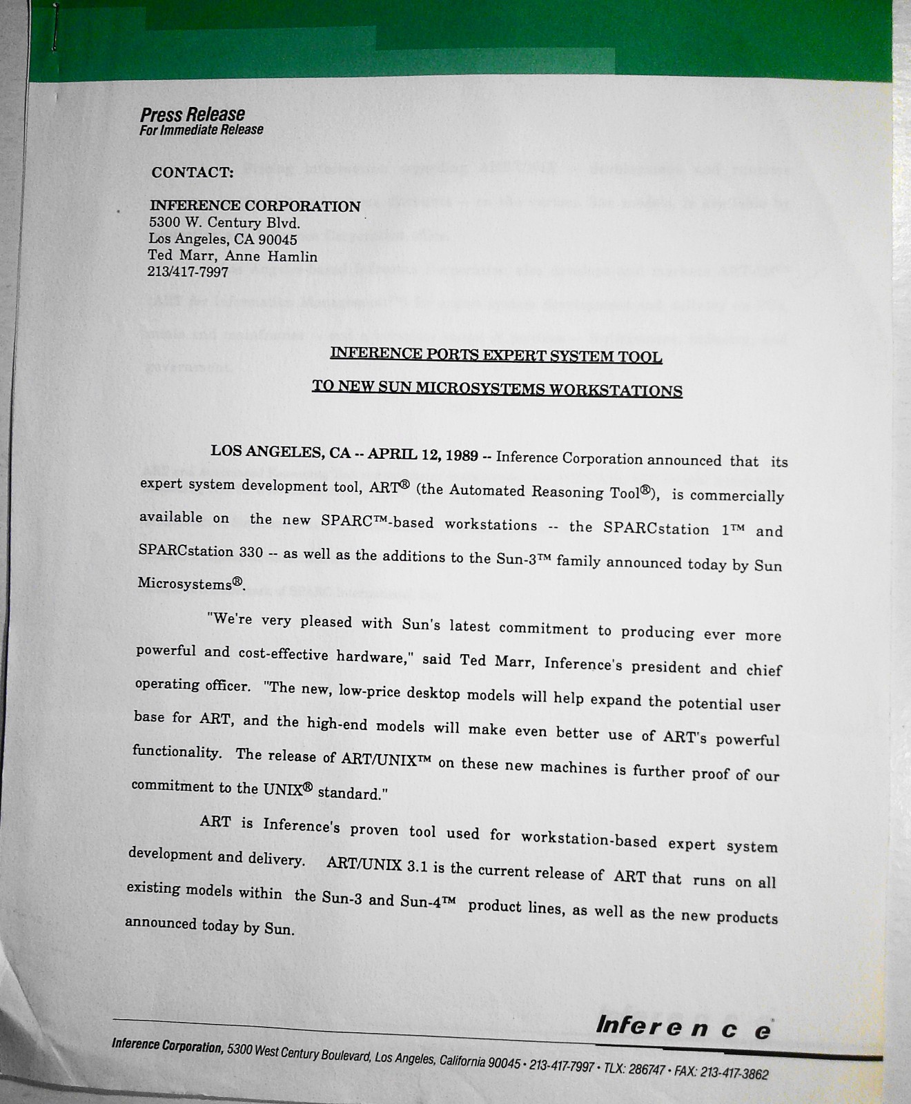 [Artificial Intelligence] Inference Press Release, 1989 - ART-IM on SPARCstation