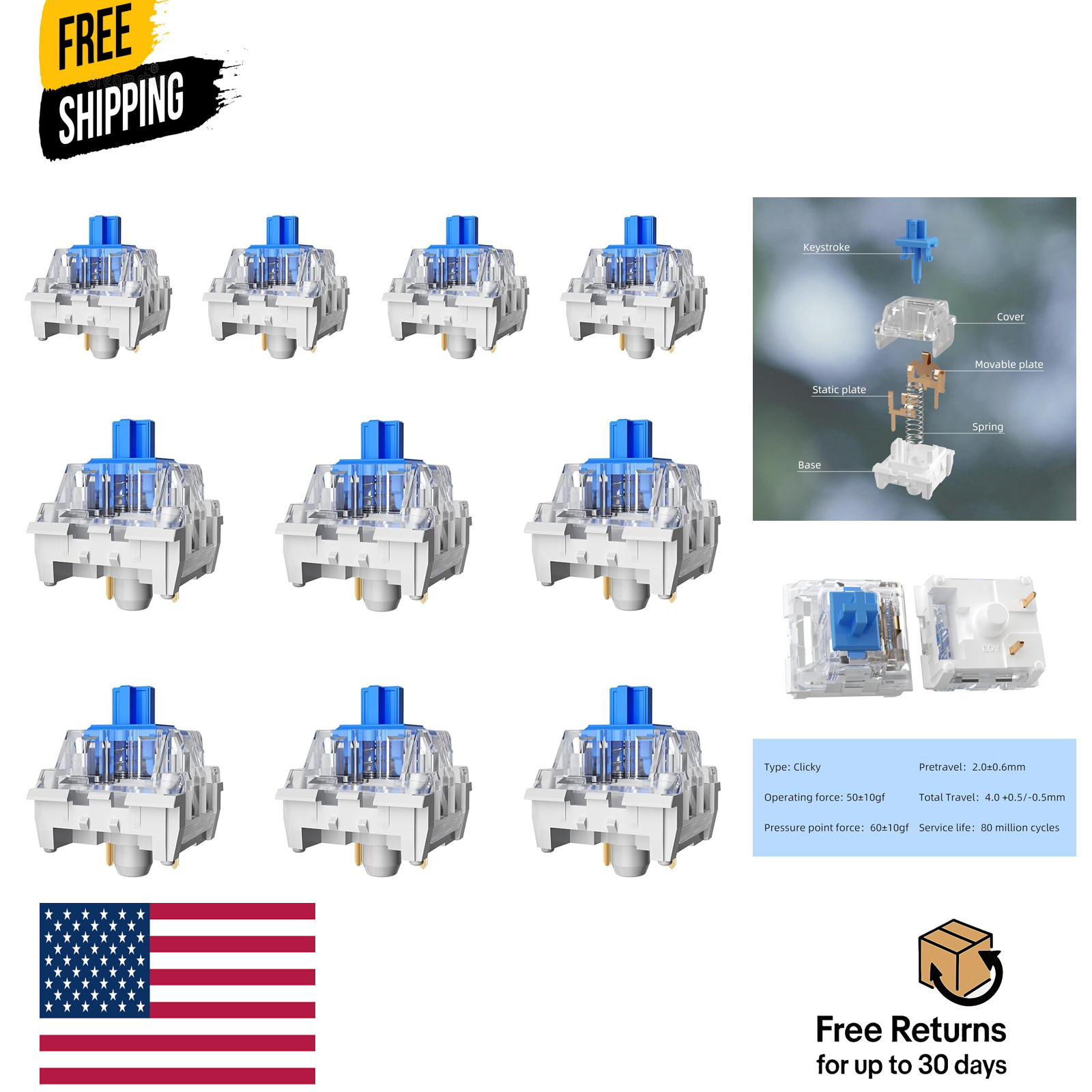 ZhouWang 36PCS Blue Click Switch,Clicker for 3D Prints 、Gaming Keyboards.