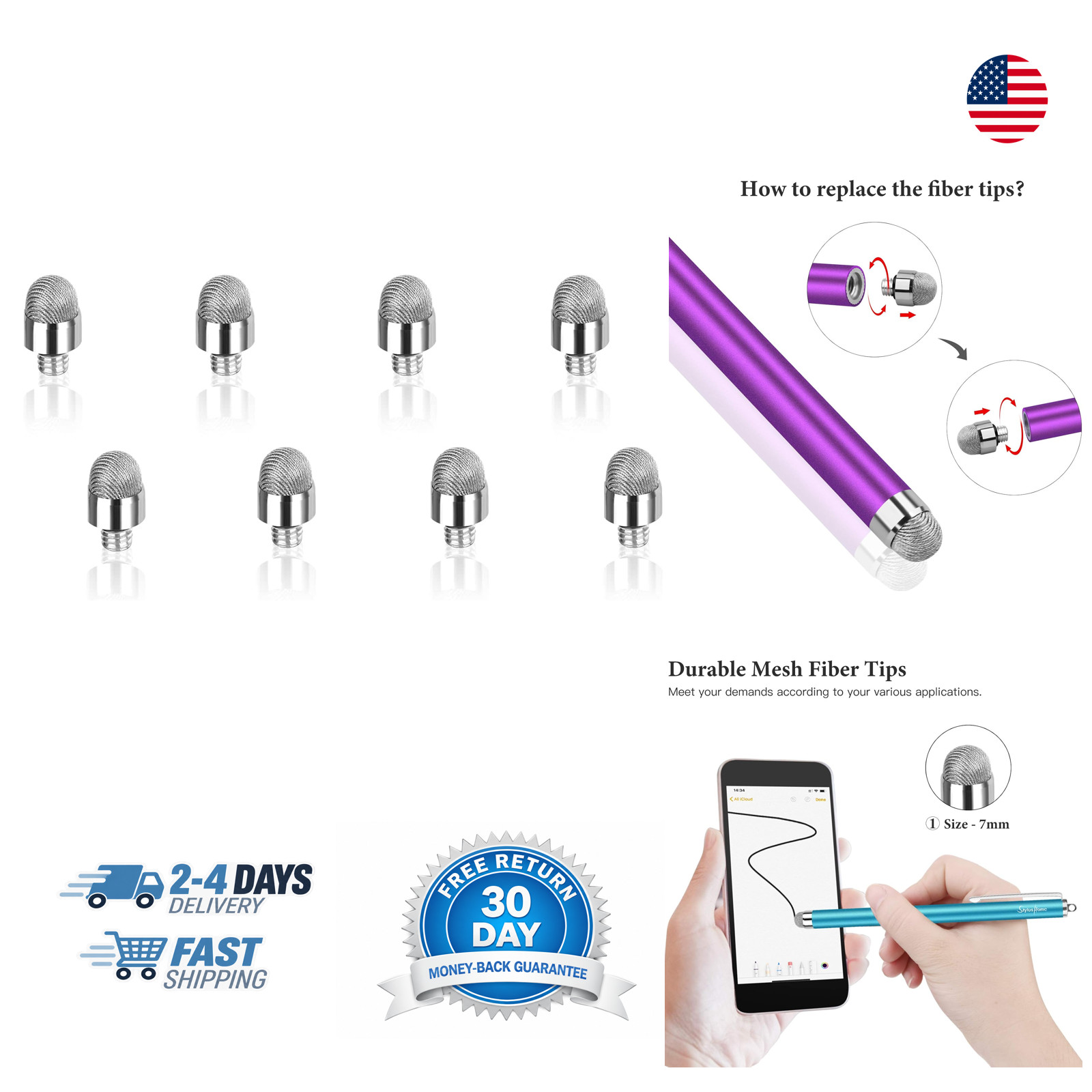 Replacement Fiber Tips 8 Pack for 7mm Fiber Stylus Pens, Ultra Slim Responsive